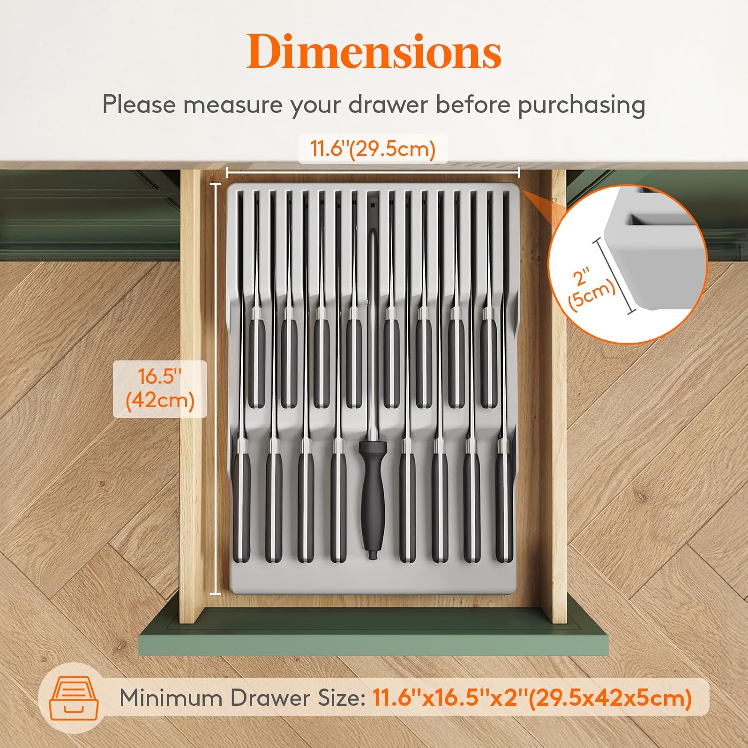 Lifewit Magnetic Drawer Knife Organizers Insert, Kitchen Plastic In Drawer Knife Block Slots, Steak Chefs Knives Holder Storage Sets for 16 Knives and 1 Sharpening Steel, Extra Large, Gray - Image 3