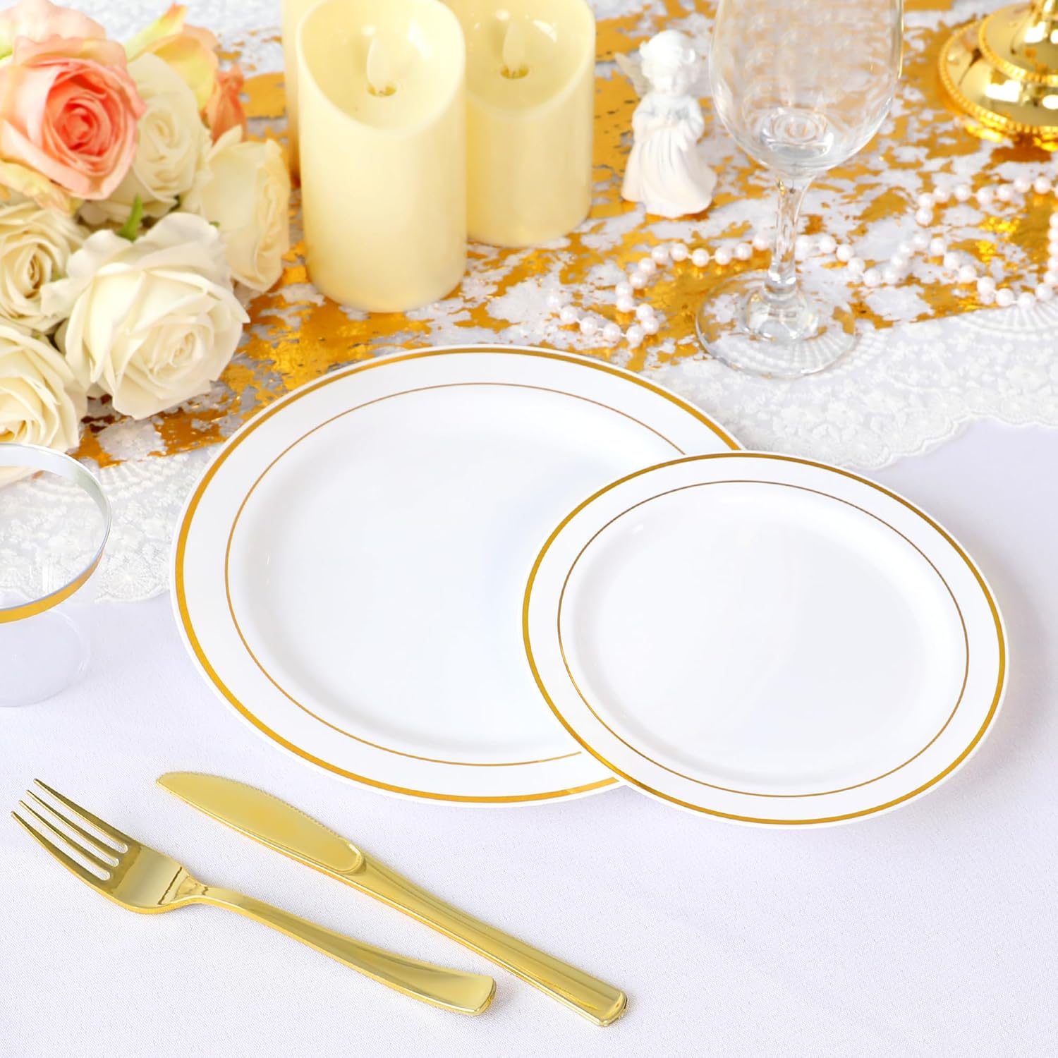 Sylans 50 Pieces Gold Plastic Plates, Disposable Party Plates, 25 Heavy Duty White Dinner 10 Inch Plates and 25 Disposable Dessert Appetizer Elegant Fancy Wedding 7.5 Inch Plates 023