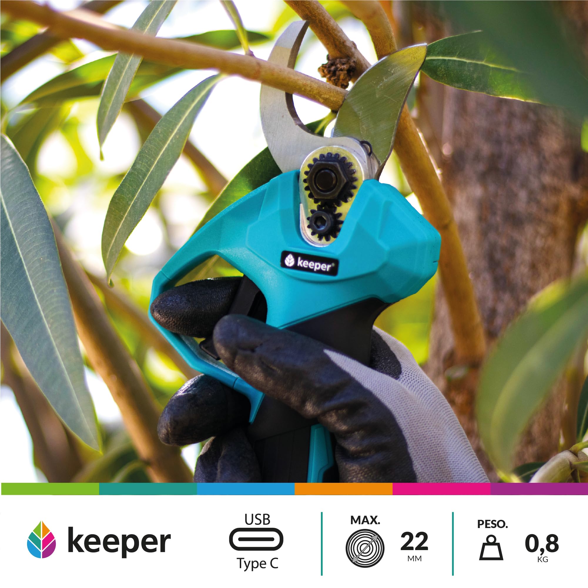 KEEPER KP25.Tijera de podar Eléctrica para jardinería inalambrica. Corte Ø 22 mm. Motor 7,2 V. 2,5 Ah.Autonomia de 3h. Batería extraible incluida. Carga USB.Poda Eléctrica. Jardineria Profesional