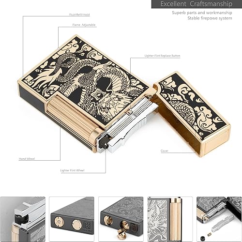 Miniatura 4 de Encendedor de llama suave recargable de butano con rueda de pedernal de dragón chino