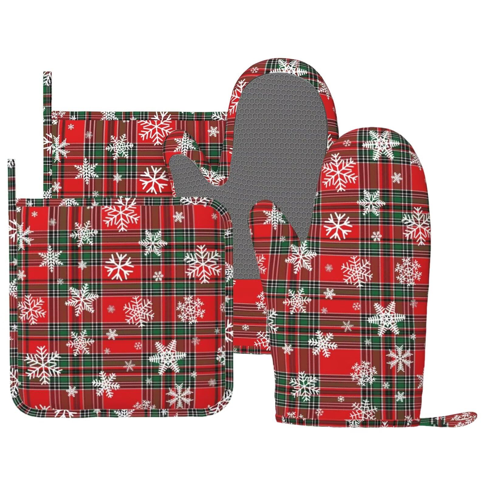 Ofenhandschuhe und Topflappen-Set, weihnachtliche Schneeflocke, 4 Stück, rot und grün kariert, Silikon-Ofenhandschuh für Küche, hitzebeständig, Büffelkariert, Ofenhandschuhe und Topflappen
