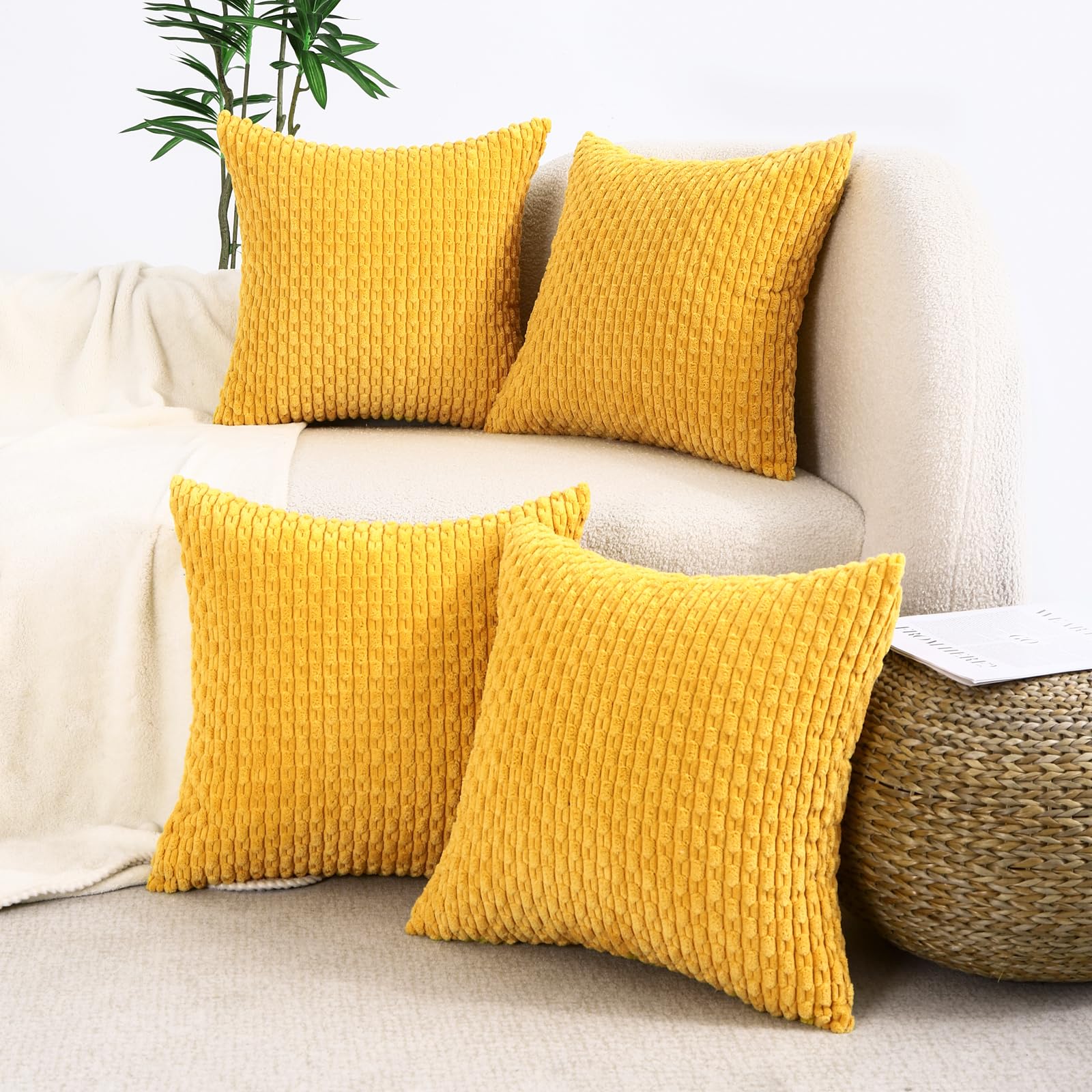VAKADO Yellow Decorative Throw Pillow Covers 18x18 Set of 4 Couch Corduroy Christmas Neutral Home Living Room Farmhouse Rustic Cushion Case Decor Boho Square for Bed Sofa