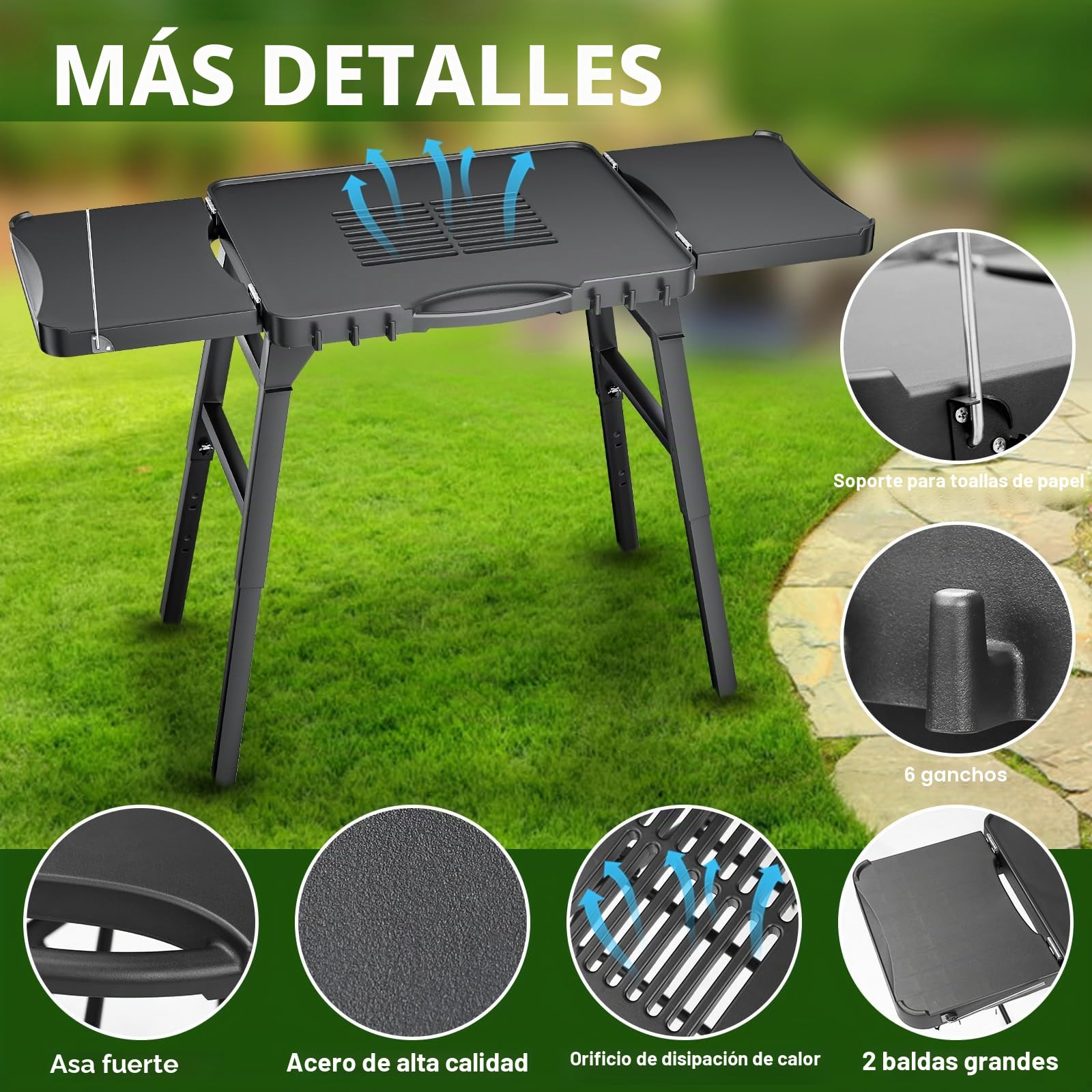 GFTIME Carro de barbacoa portátil universal para Enders Urban, Weber Q100/Q200/Q300, Ninja Woodfire, Burnhard Wayne – Soporte plegable para barbacoa al aire libre con gran superficie de trabajo y