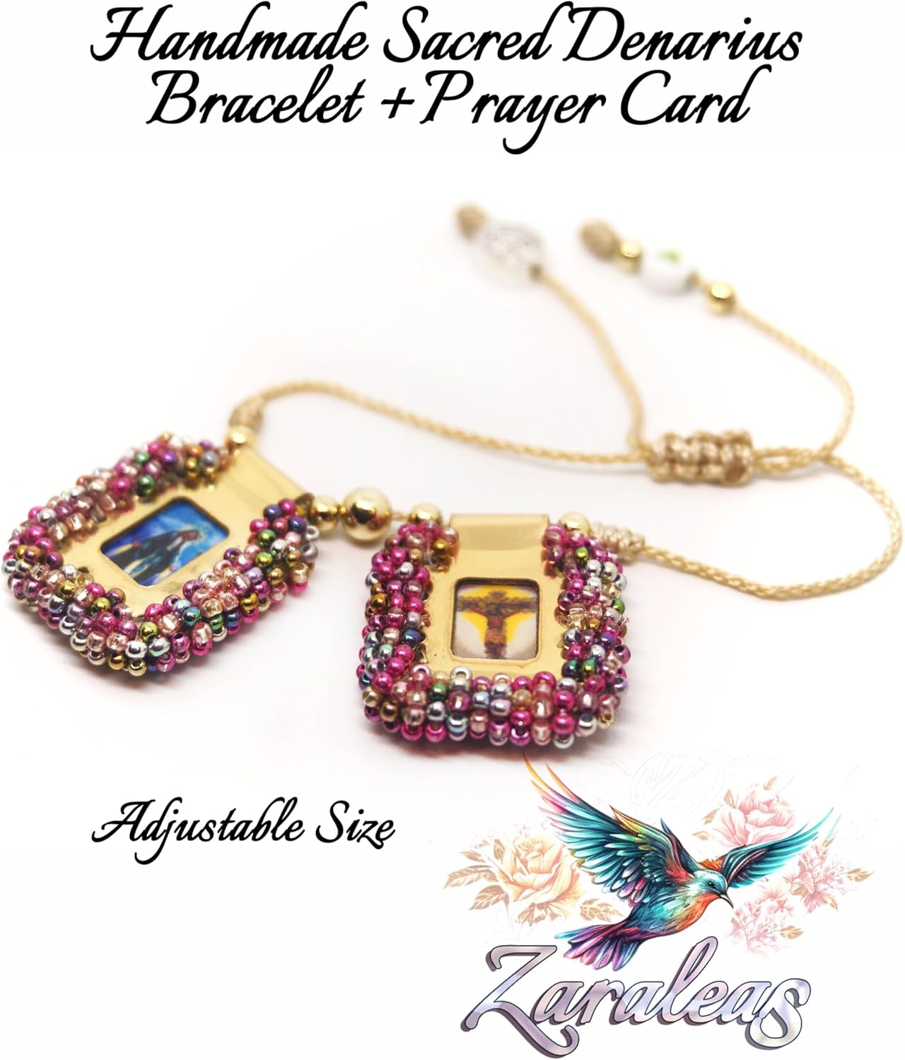 Scapular Bracelet Embroidered Handmade Sacred Heart of Jesus, Holy Virgin, Virgin Guadalupe & St. Michael Archangel Gold Frame Rainbow Beads 2,5x3cm by Zaraleas - Image 3