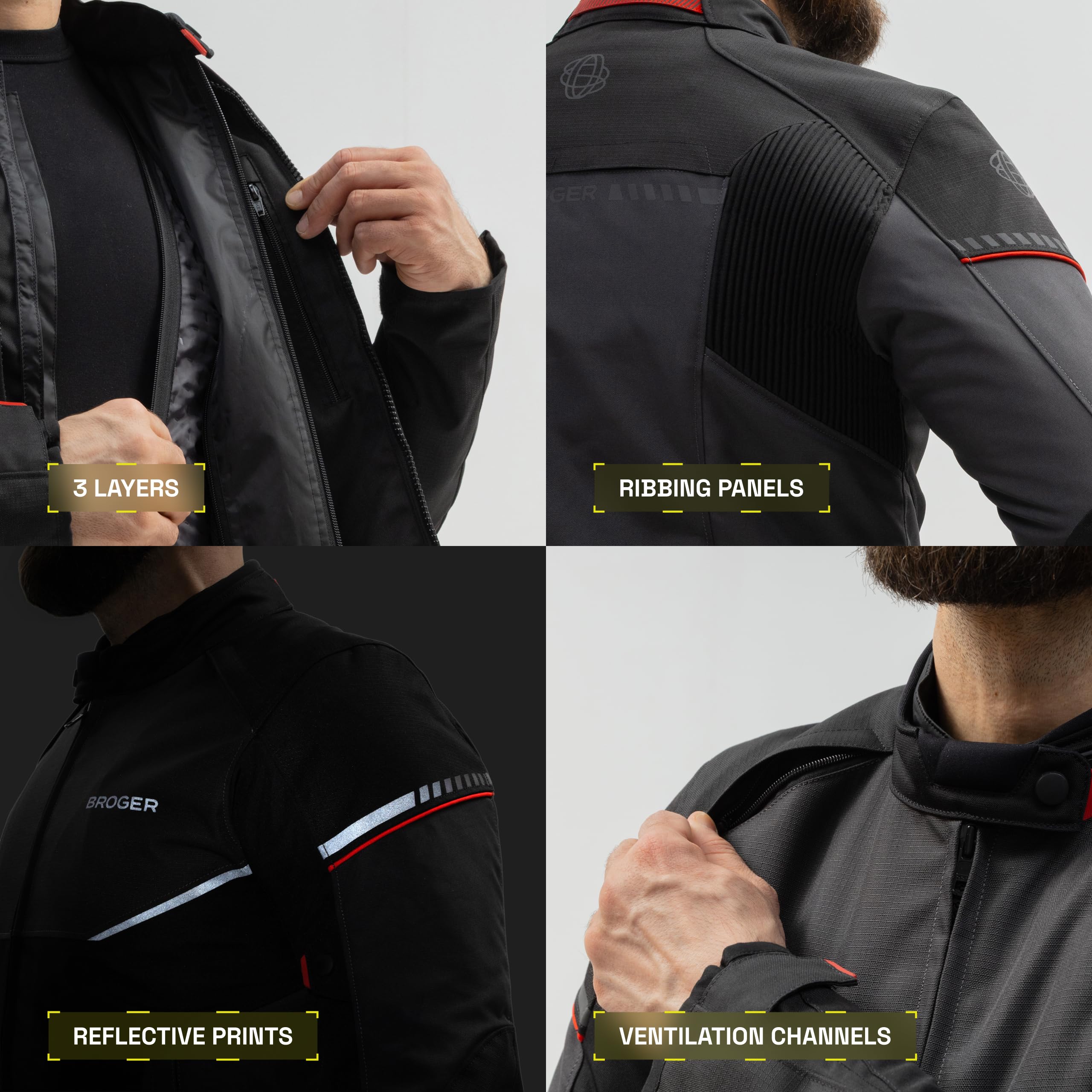 BROGER Grid Chaqueta de Moto Hombre | Textil | Protectores de codo y hombro | Membrana impermeable | Forro térmico extraíble | Nivel de protección AA | Tallas hasta 7XL
