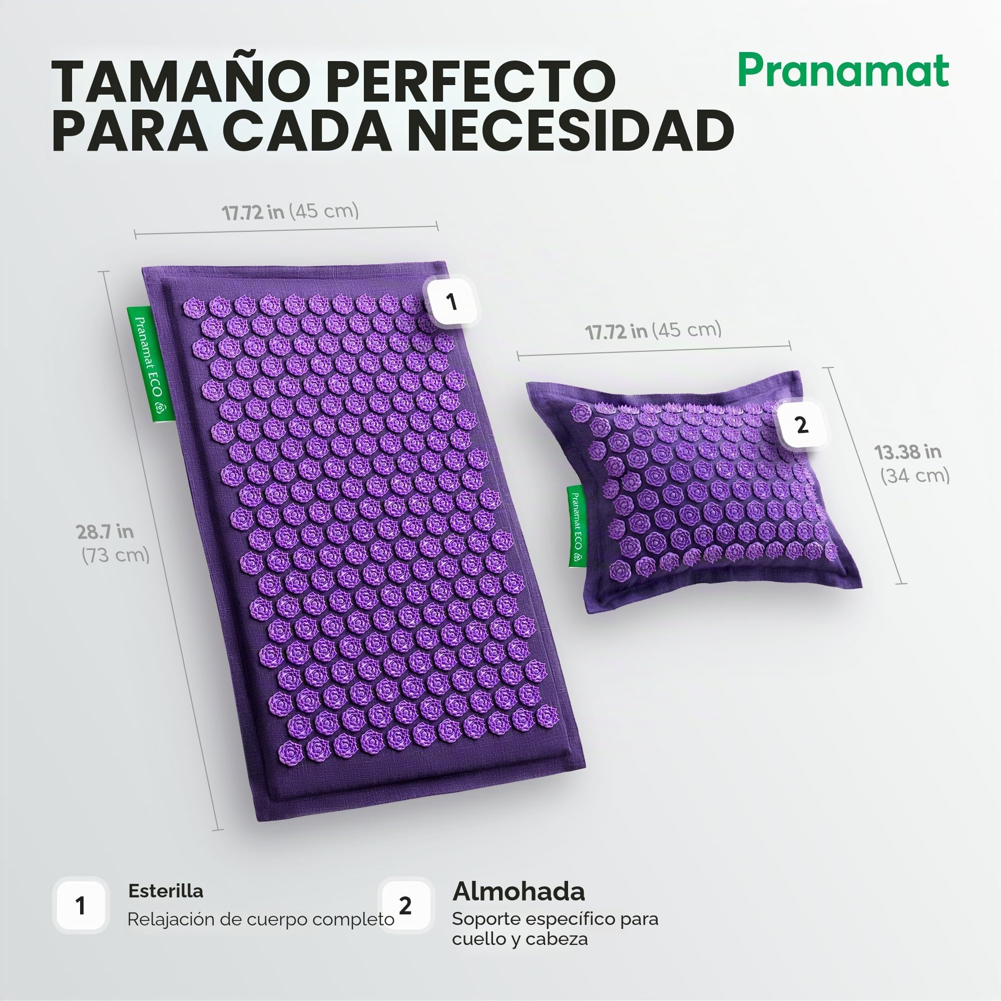 Pranamat Set de Esterilla Grande y Almohada de Acupresión, Terapia de Acupresión Premium para Alivio del Dolor y Relajación, Hecho a Mano en Europa con Materiales Naturales y Sostenibles (Lavander)