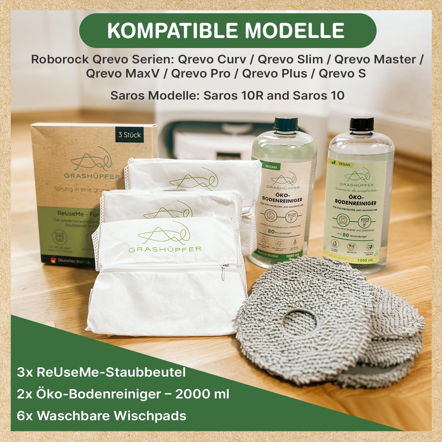 GRASHÜPFER® Roborock Qrevo/Saros 10R, 20 Sorglospaket – 2x Öko-Bodenreiniger (Zitrusblüte & Tropisch) + 3 Wiederverwendbare Staubbeutel + 6 Waschbare Wischpads – Zubehör & Ersatzteile für Wischroboter