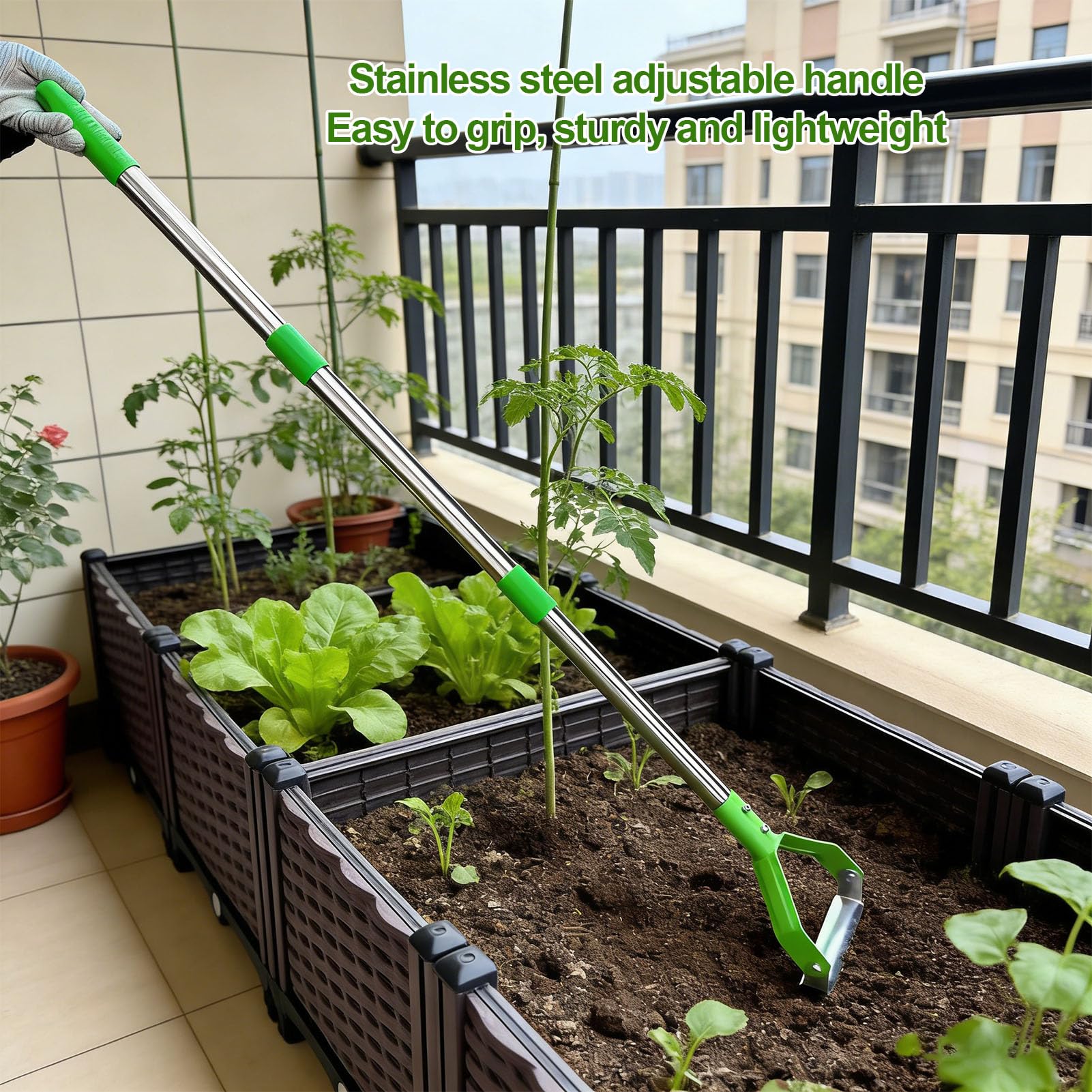 Houe de Jardin, Désherbage Facile, Étrier À Long Manche Réglable, Houe de Jardin Robuste pour Nettoyer Les Parterres de Fleurs, Les Allées, Les Cours (Verte)