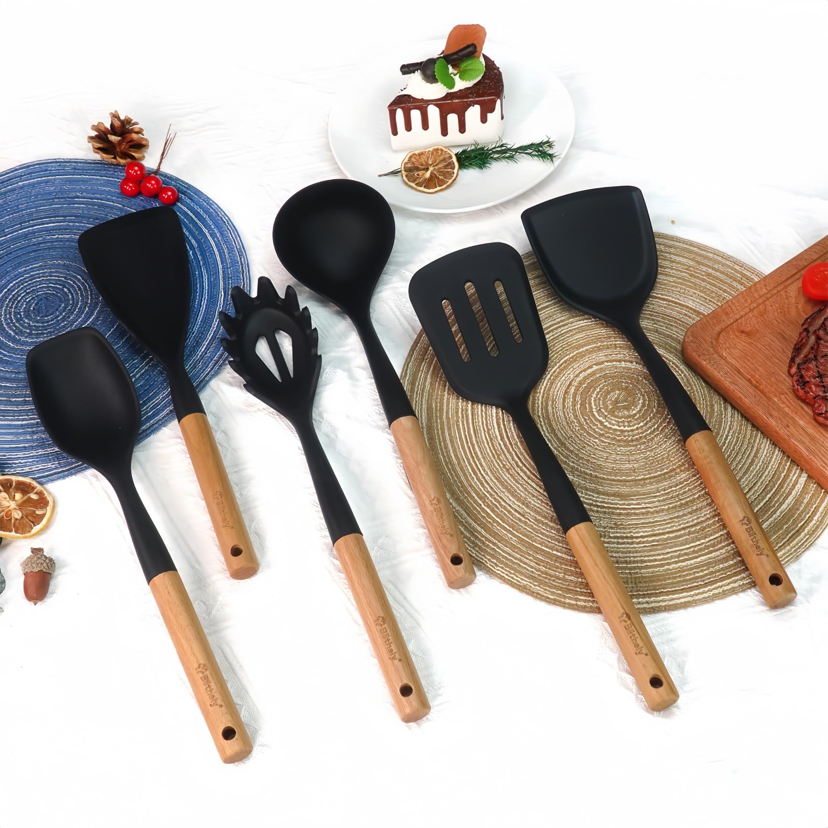 Silikon-Kochutensilien-Set, 6 Stück, großes Küchenutensilien-Set mit Holzgriff, hitzebeständiges Silikon-Utensilien-Spatel-Set für antihaftbeschichtetes Kochgeschirr, Spatel, Pfannenwender, Löffel
