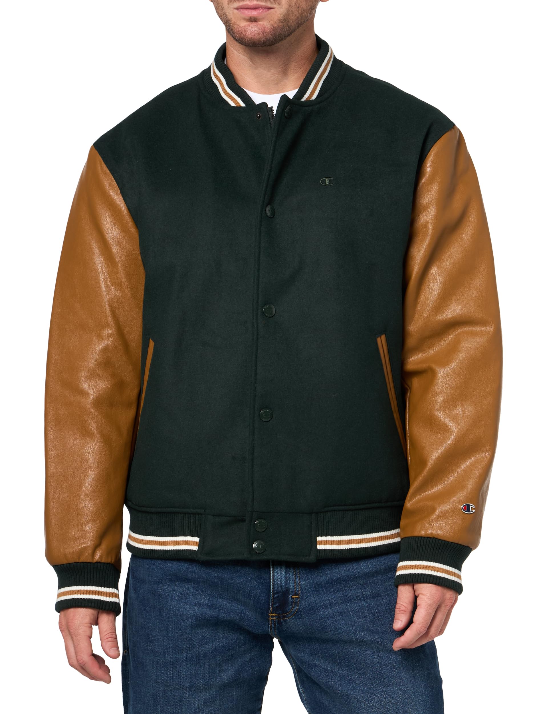 Champion Men's Letterman Varsity Bomber Jacket with Faux Leather Sleeves, Rainforest / Tobacco, L