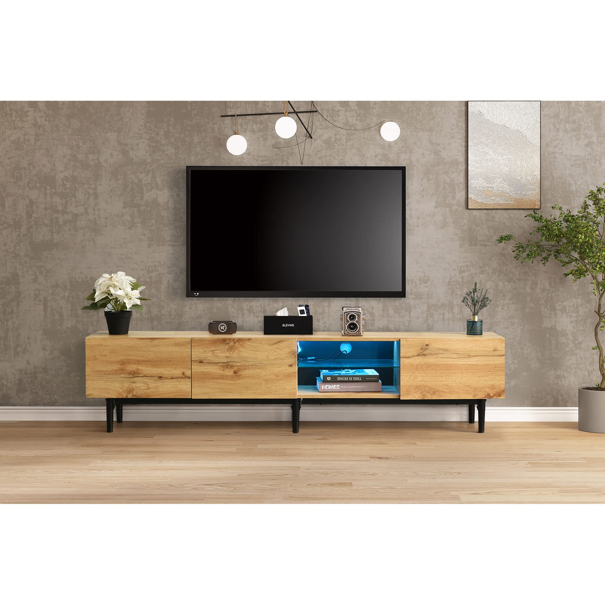Azkoeesy 175 cm Mueble de TV con iluminación LED, para salón, Diseño de Vetas de Madera, Color Natural + Patas de Metal Negro