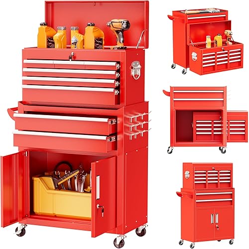 Superday Metal Tool Chest, 8 Drawer Rolling Tool Chest with Wheels, Detachable Tool Storage Cabinet with Lock for Garage, Steel Tool Cart with Liner & Hooks for Workshop, Warehouse (Red)