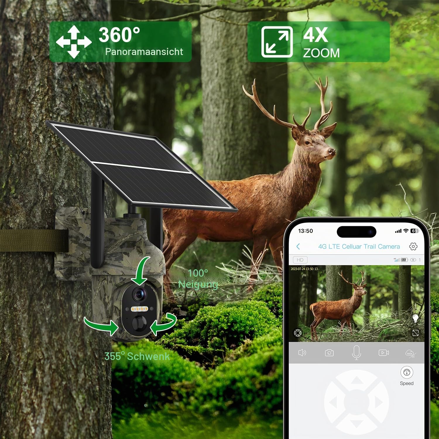 Lemnoi 4G LTE Solar Wildkamera mit Bewegungsmelder, Akku Wildkamera mit SIM Karte Preinstalliert und SD Karte, 2K Überwachungskamera Aussen mit Farbnachtsicht, PIR Erkennung,Wasserdicht (Tarnung)