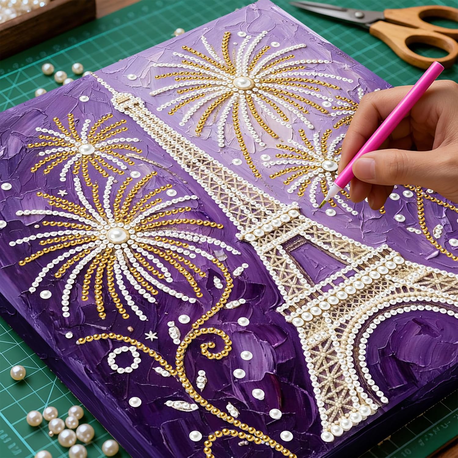 FRANDEK DIY Pearl Art Painting with Frame, Eiffel Tower Diamond Dots Picture Craft 9.84 * 9.84”, Textured Wall Decor Gift for Living Room Bedroom Spring