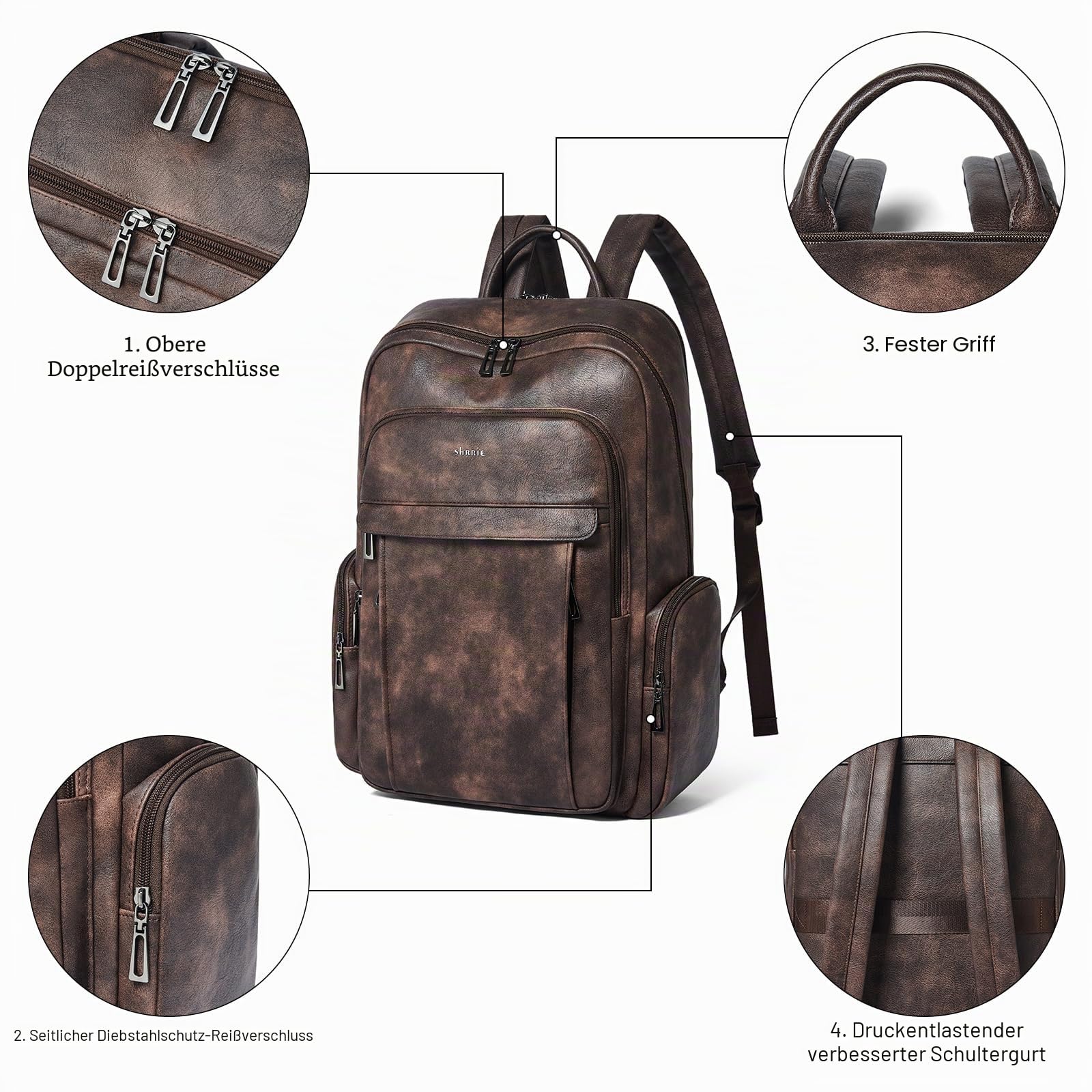 Shrrie Leder Laptop Rucksack für Frauen mit 17 Zoll Vegan Leder Computer Rucksack Tasche für Reise College Arbeit