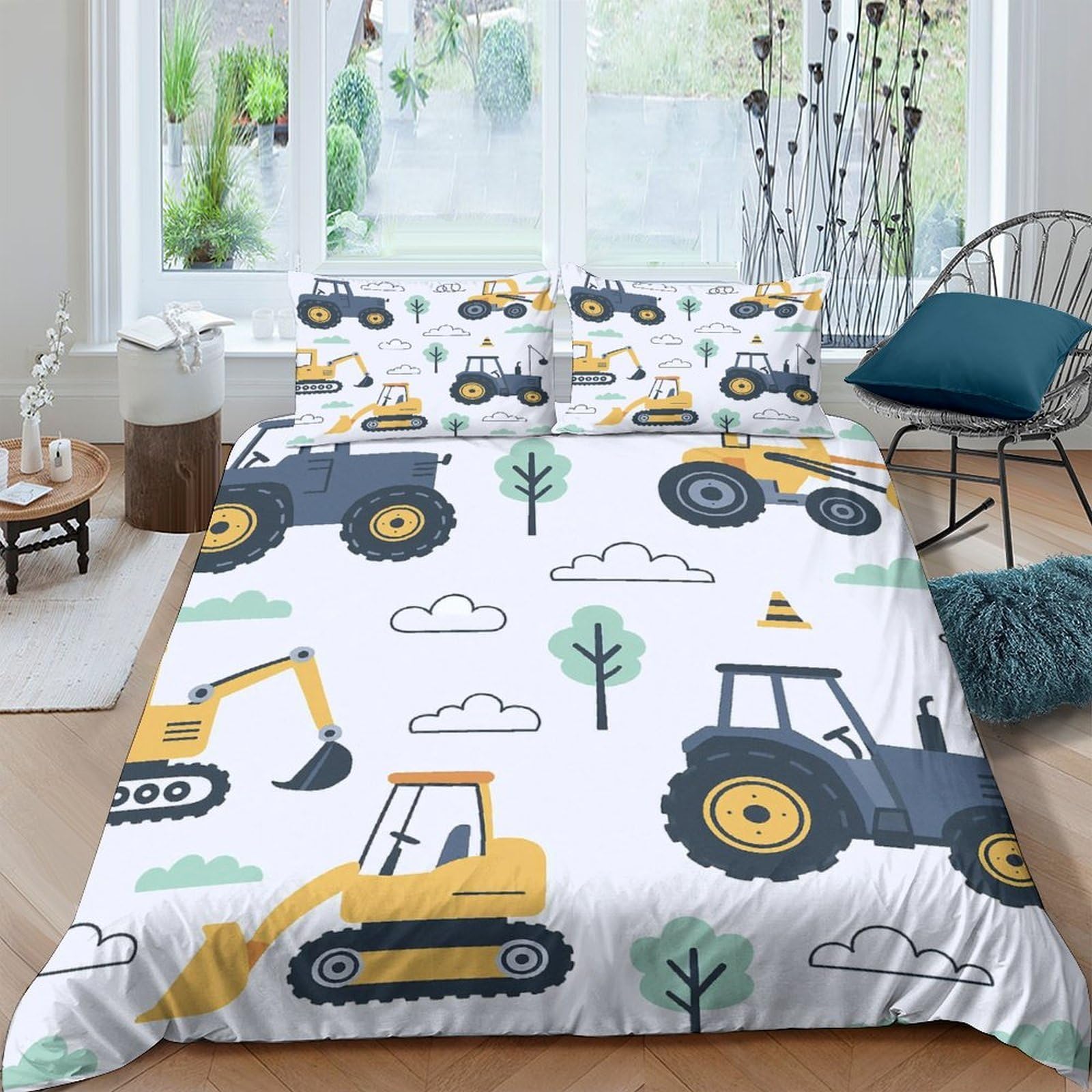Ctjqhvkz Style-1 3D Printed Construction Vehicles Fitted Sheet Microfiber Soft Yellow Tractor Bed Cover For Bedroom Dorm Mattress Protection Decor Single（135X200cm）
