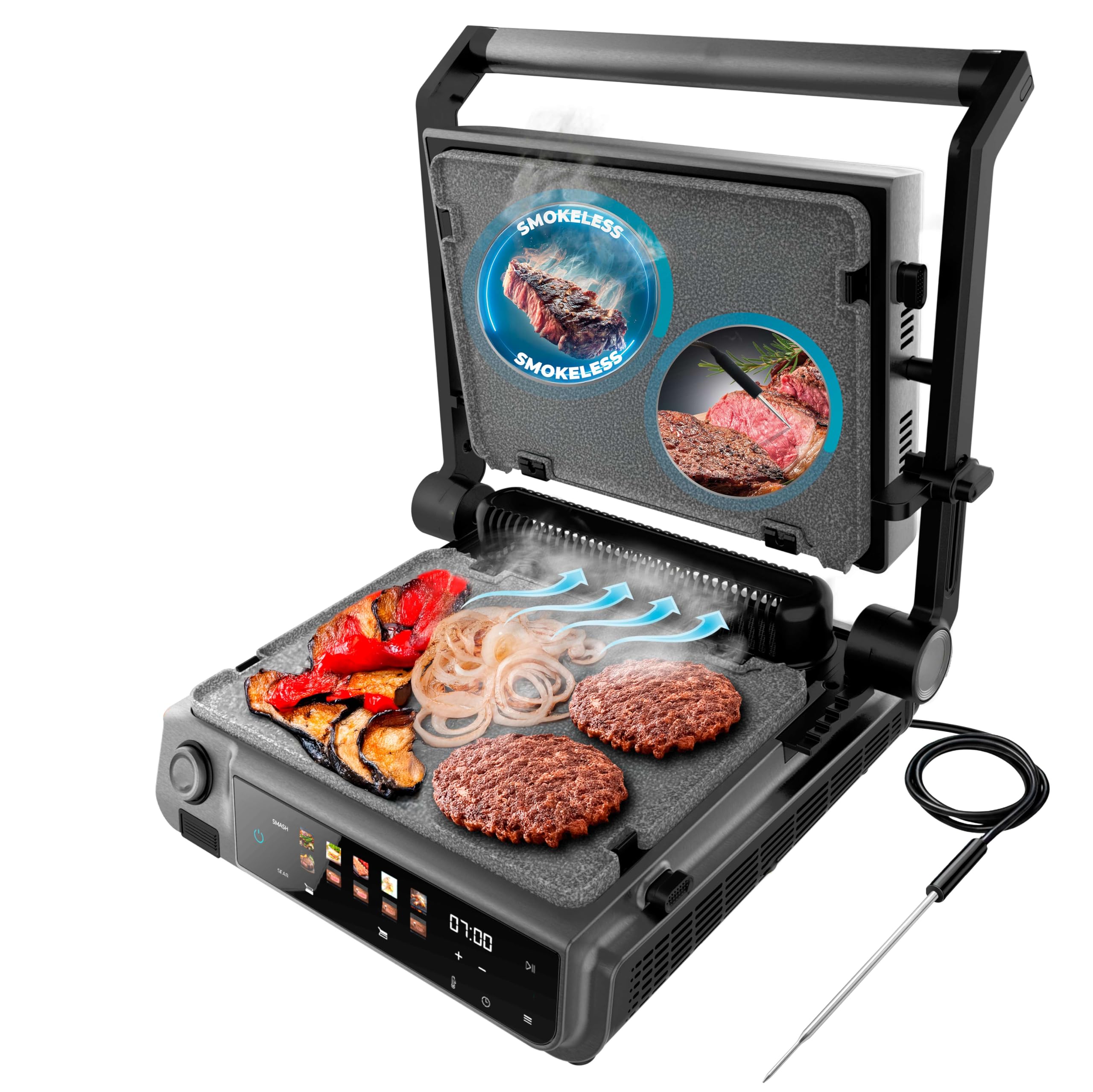 Cecotec Griglia elettrica con Grill Rock'nGrill 2000 Smash PerfectCook. 2000 W, Sonda Temp, Smash Burger, Smokeless, Dual Temp, Raccoglitori, piastre reversibili, superficie 30 x 21 cm, acciaio