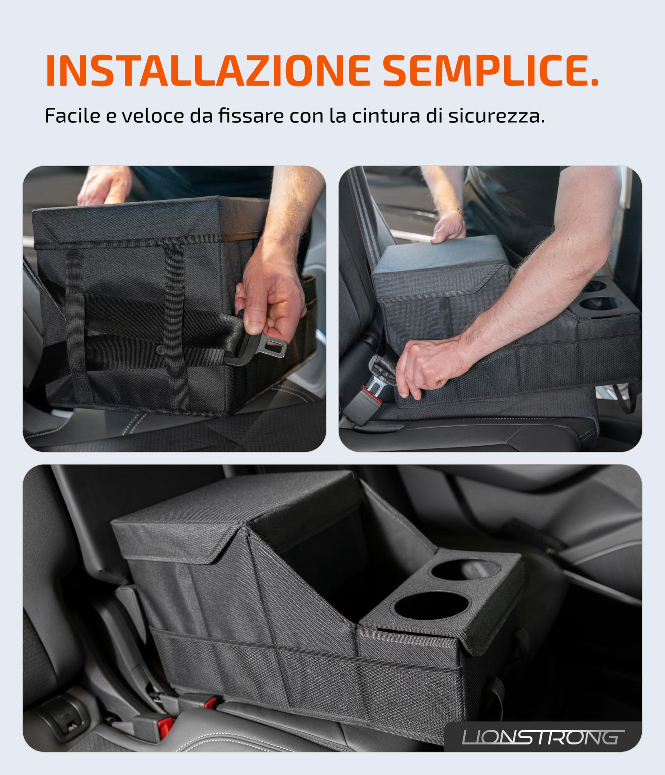 LIONSTRONG® Organizzatore Auto [STABILE GRAZIE PANNELLI PLASTICA] - Organizzatore Universale Sedile Posteriore e Sedile Passeggero - Ideale per Vacanze - Spazio per Giocattoli - Resistente all'Acqua