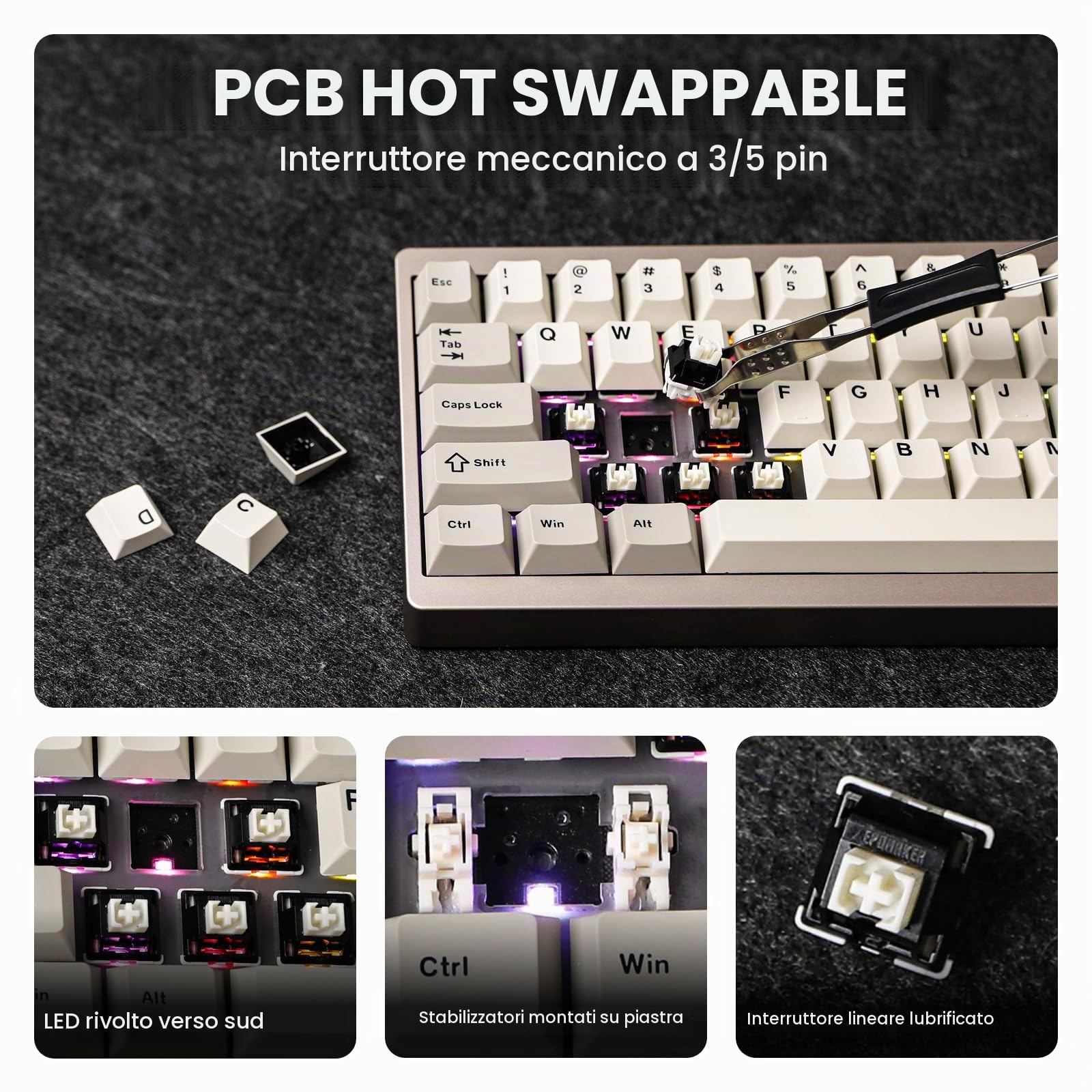 EPOMAKER P65 QMK/VIA Tastiera da Gioco Senza fili in Alluminio, BT/2,4Ghz/USB A-C, Sostituibile a Caldo, con Guarnizione, NKRO, per Mac/PC/PS/Xbox (Retrò Bianco, Wisteria Linear Switch)