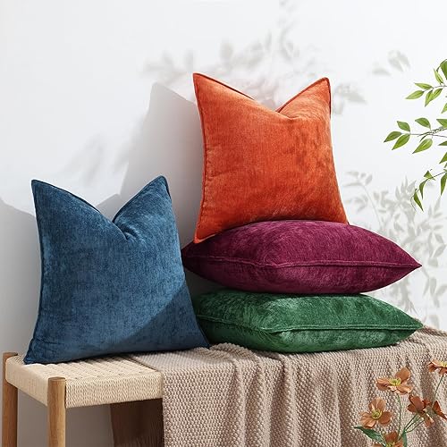 decorUhome Couch Throw Pillow Covers 18x18 Set of 2, Decorative Soft Euro Neutral Chenille Pillow Covers with Elegant Design for Sofa Bed Living Room Home Decor, Beige(Green,18" x 18" (Pack of 2))