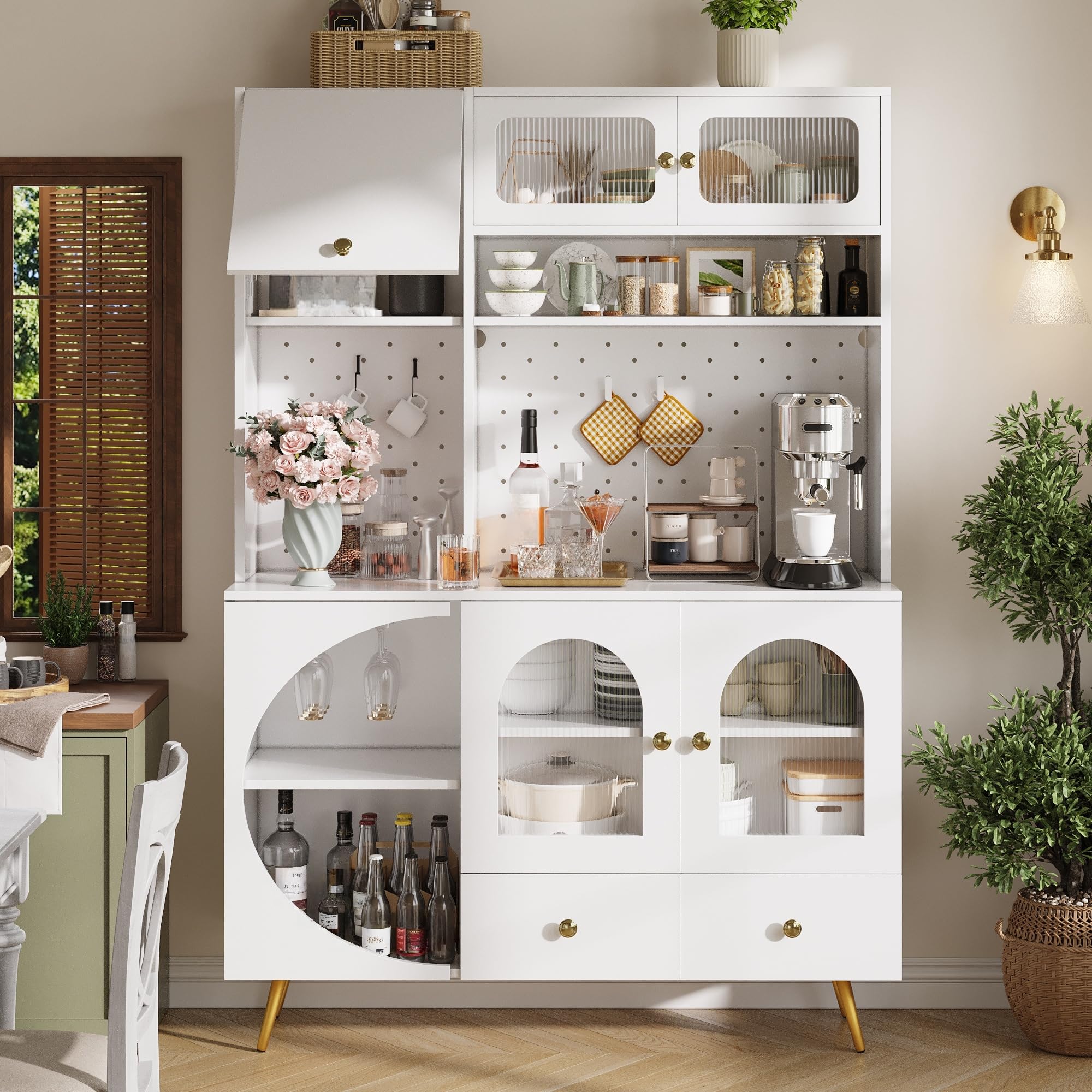 Aparador Cocina Alto Armario Cocina con Enchufe y LED, Alacena de Cocina con Puerta Vidrio y Placa Orificio, Mueble Aparador con Portavaso y Cajón, Dispositivo Antivuelco, 120x40x176 cm, Blanco