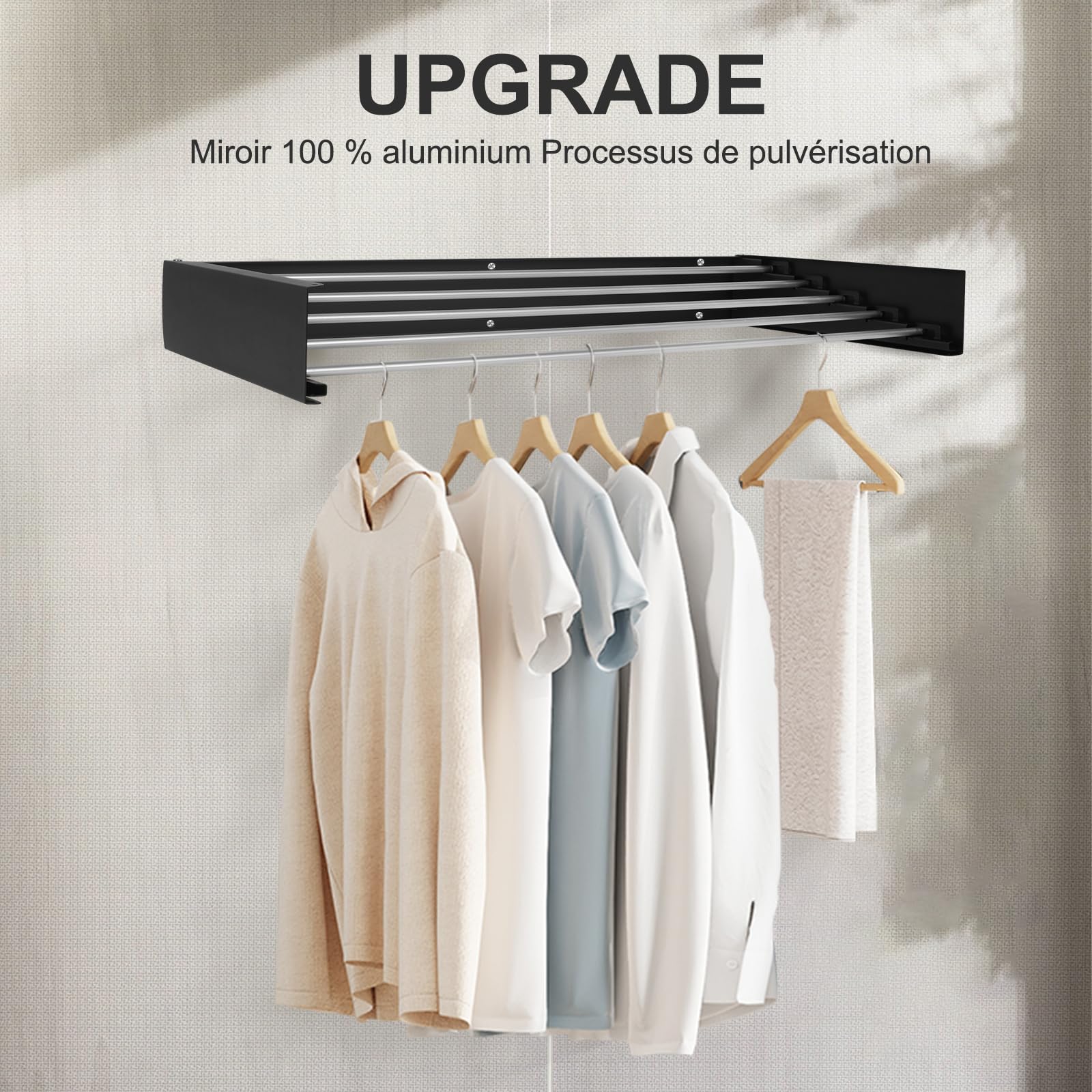 Séchoir à Linge Mural, Étendoir à Linge Rétractable, Séchoir à Linge Pliable pour Intérieur et Extérieur, Economiseur d'espace Design Compact et Élégant (Noir, 80cm)