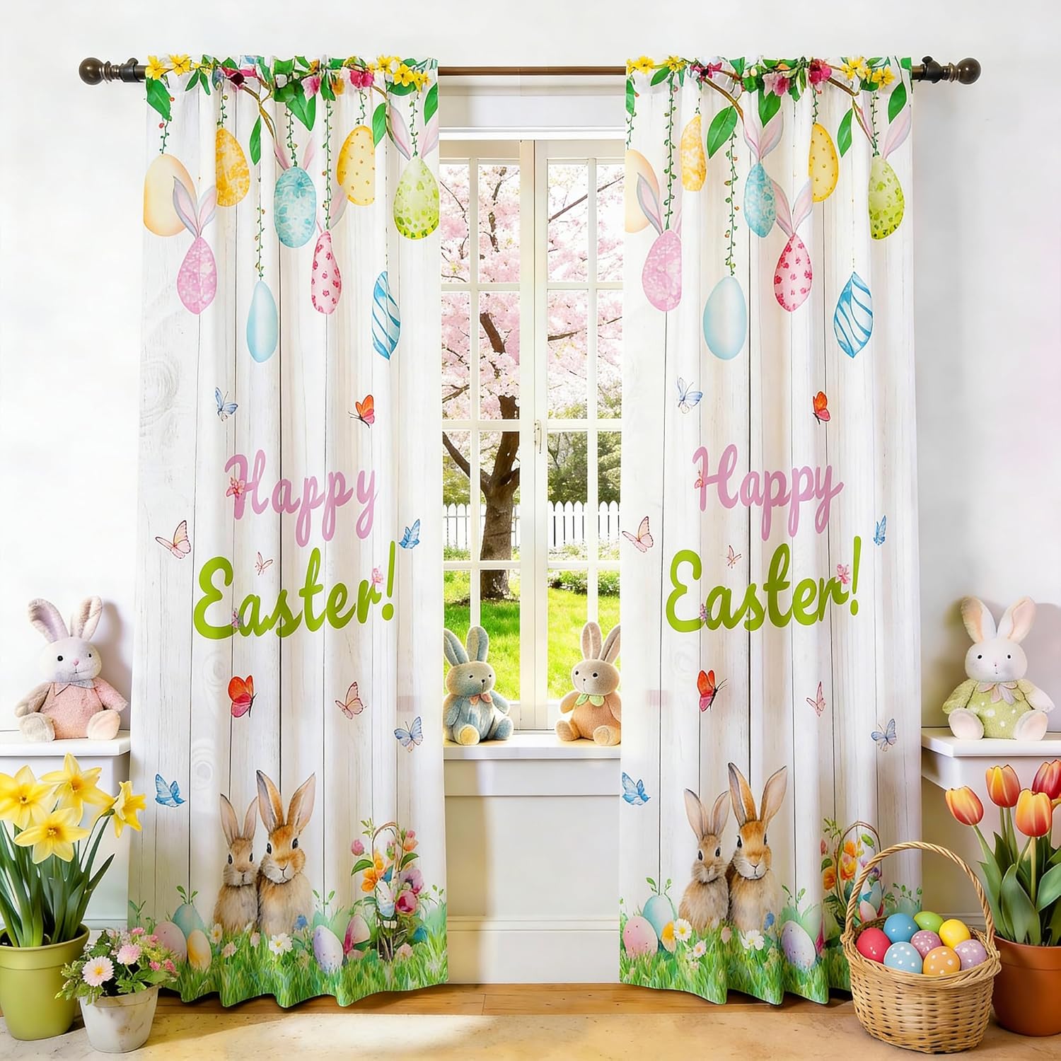 youleyar Easter Curtains for Living Room, 84 Inch Length Easter Colorful Eggs and Cute Bunny Printed Pattern Curtain, Rod Pocket Window Drapes Decorations for Bedroom Dining Room Drapes, 52W x 84L
