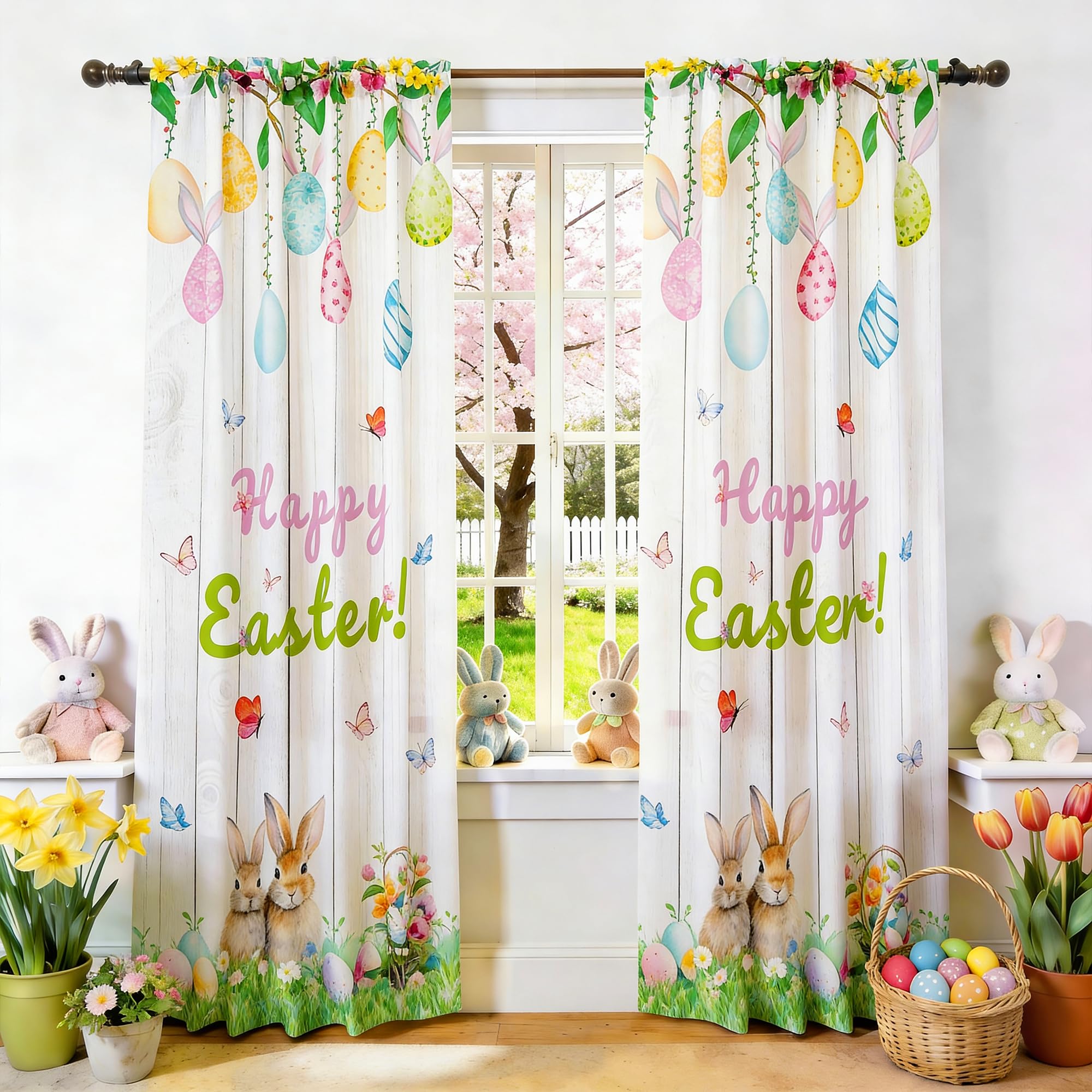 youleyar Tende pasquali per soggiorno, lunghezza 183 cm, motivo stampato con uova colorate pasquali e coniglietto, tende per finestra con tasca per asta, tende per camera da letto e sala da pranzo