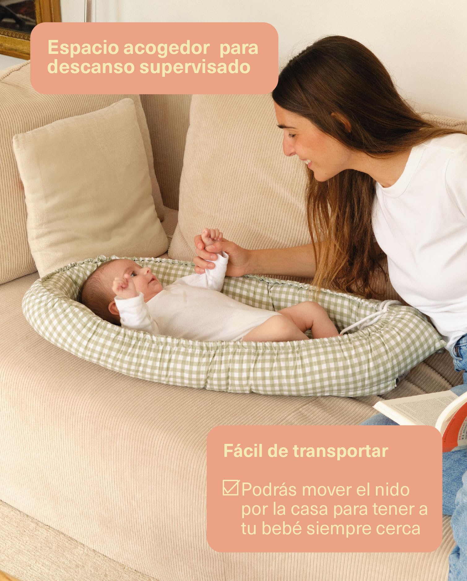molis&co. Nido de Bebé 90 x 50 cm. Reductor de Cuna o Nido de Colecho para Bebe. Algodón. Cuna Portátil o de Viaje para recién Nacido. Mint Tea. Oeko-Tex 100. — view 2