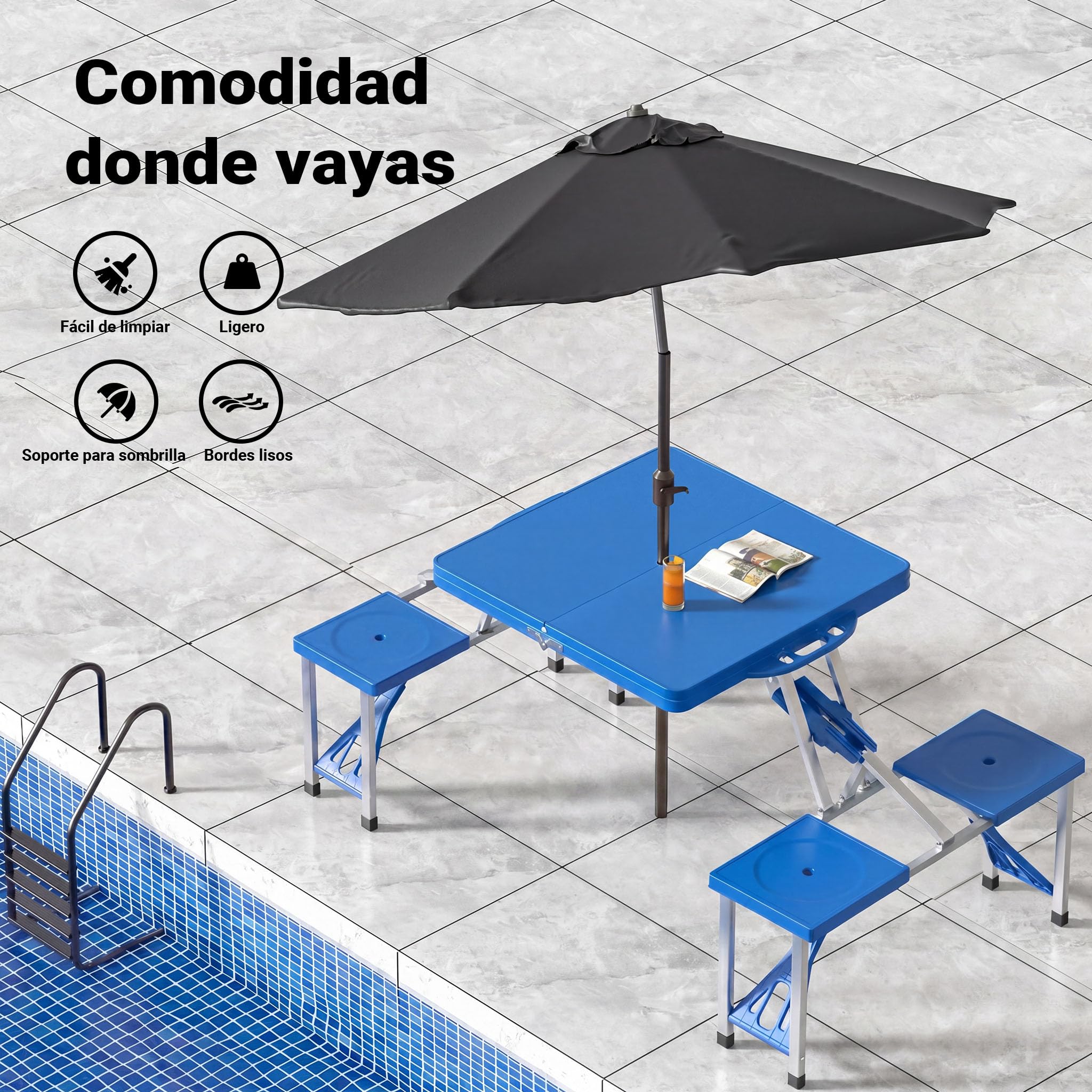 WilTec Set de Camping Plegable Mesa y 4 Asientos en una Pieza Outdoor Picnic Acampada Vacaciones Excursión