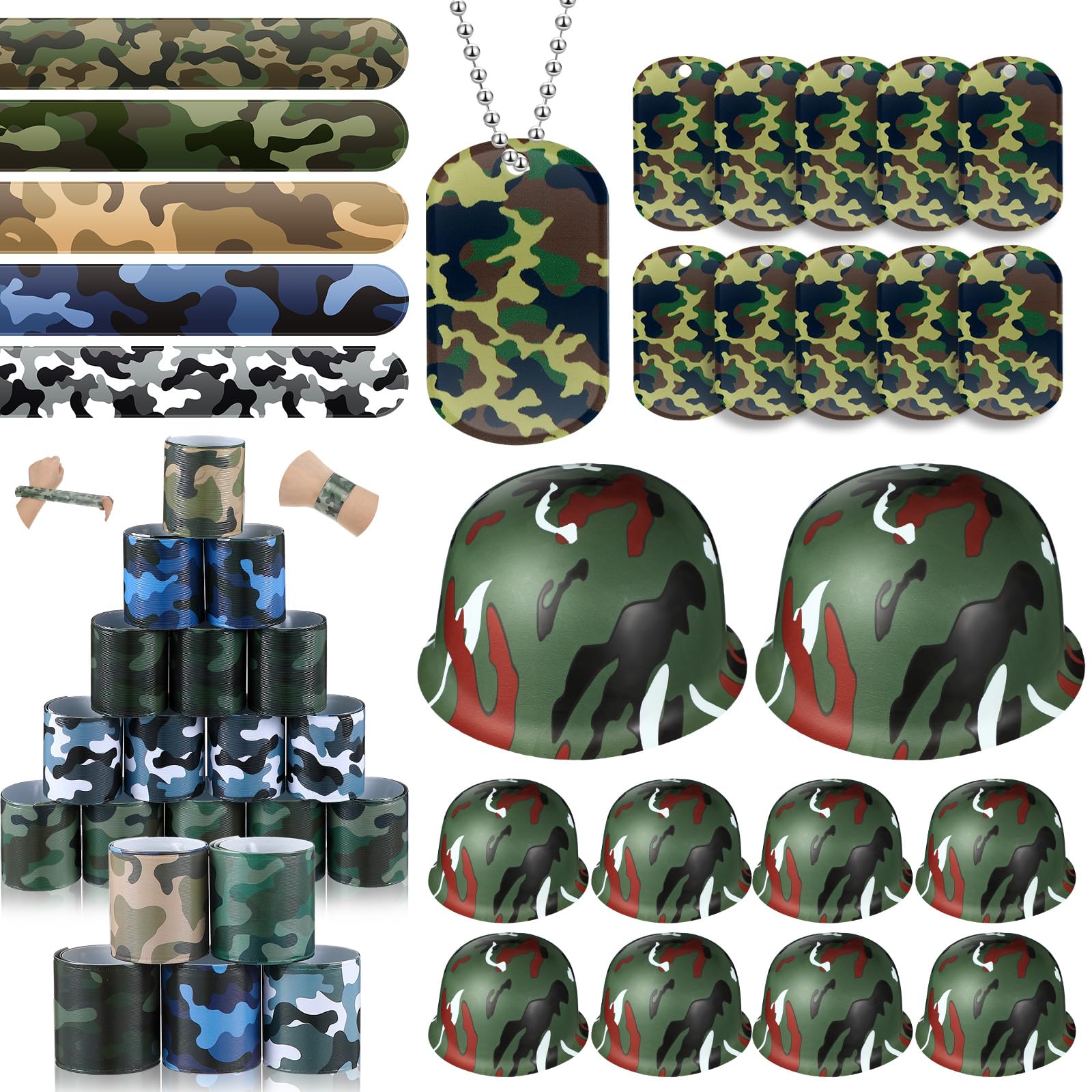 PullCrease 140 Pcs Army Accessories for Kids 100 Camo Slap Bracelets 20 Plastic Army Helmet 20 Camouflage Dog Tags with Beaded Chains for Kids Adults