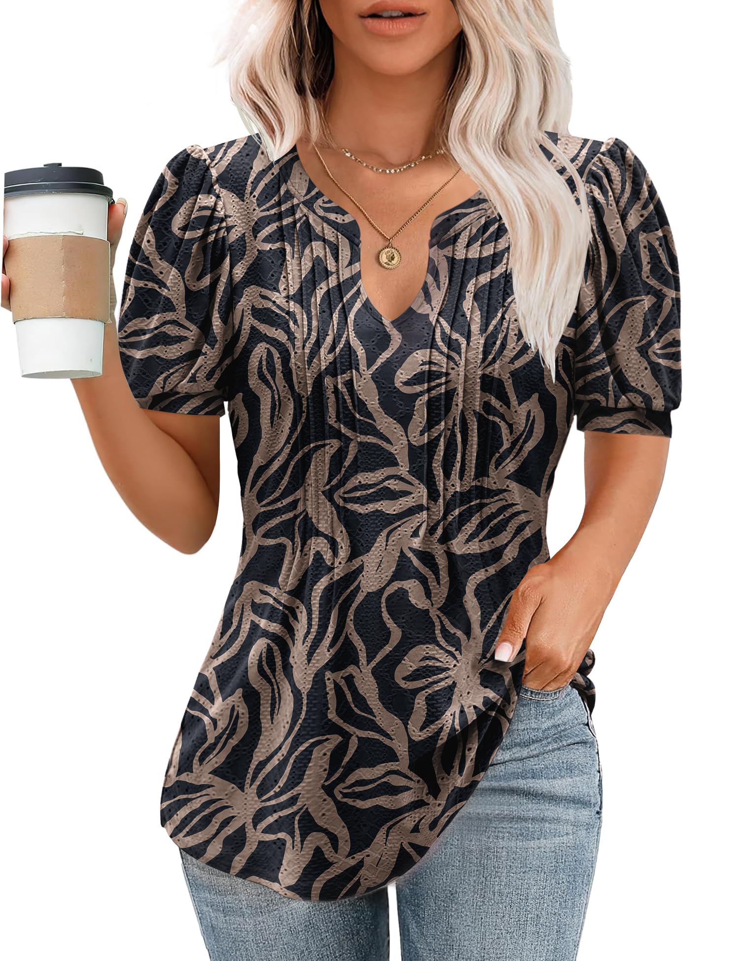 Micoson Womens Short Sleeve Summer Tops, 2025 Fashion Eyelet Tunic Blouse, V Neck Puff Sleeve Pleated T Shirts