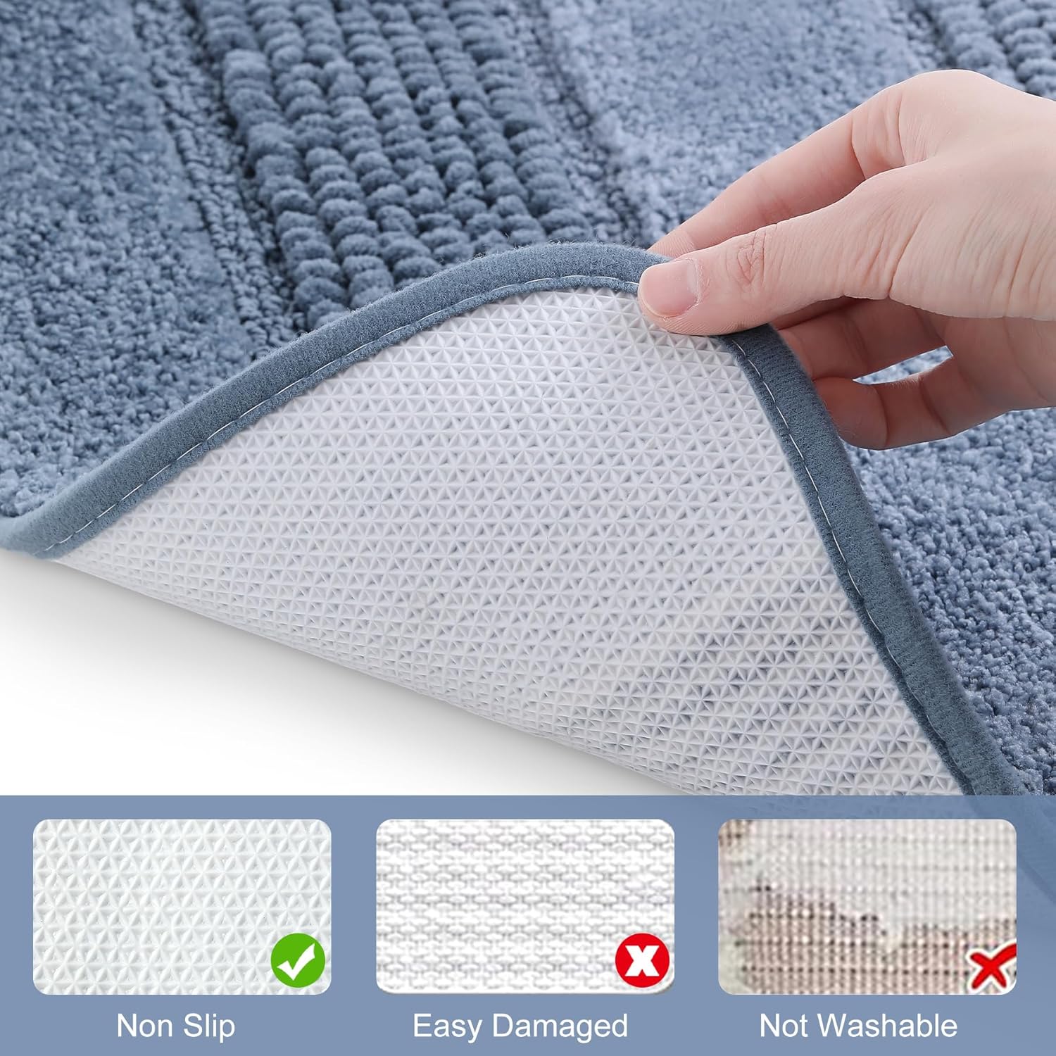 Kmson 3 Pcs Ombre Chenille Bathroom Rugs Set, Non-Slip Ultra Soft Washable Shaggy Bath Rugs for Bathtub, Thick Water Absorbent Microfiber Shower Mat Blue