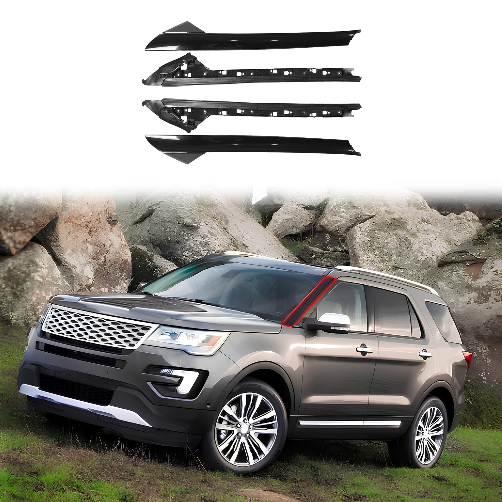 Photo 1 of Windshield A-Pillar Outer Trim Panel Molding Fit for 2011-2015 2016 2017 2018 2019 Ford Explorer 4 Door Black Window Glass Side Trim Exterior Accessories 4PCS