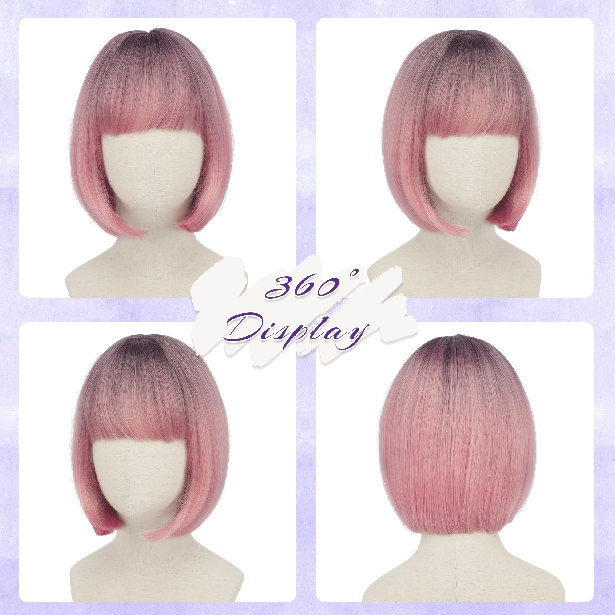 FESHFEN Rose Ombré Bob Perruque avec Franges, 30 cm Droites Courte Coloré Perruques de Cheveux Synthétiques Cosplay Utilisation Quotidienne De La Fête pour Femmes Carnaval Straight Bob Wig With Frange