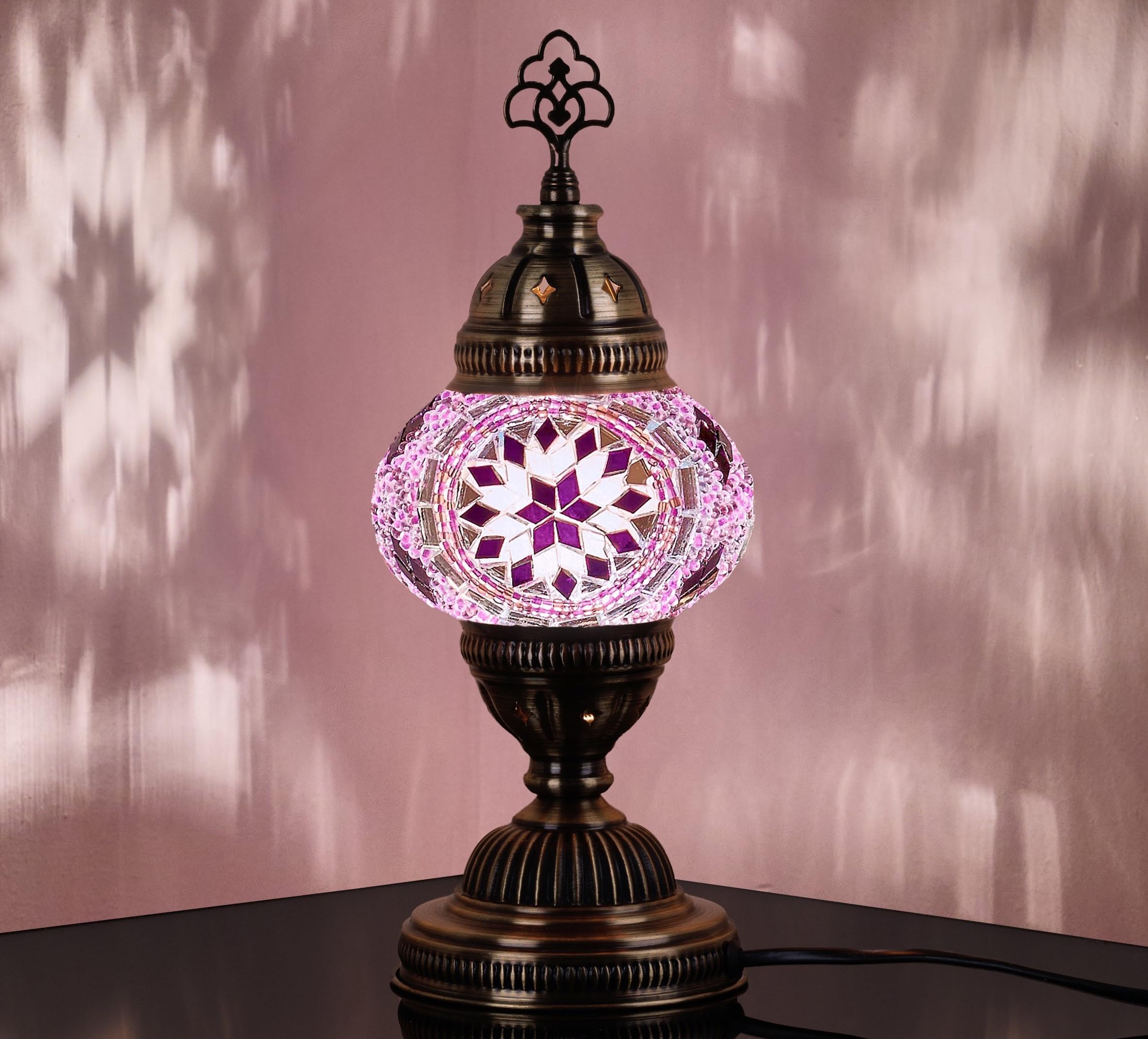 DEMMEX Handmade Colorful Mosaic Glass Table Desk Bedside Lamp Lampshade with Antique Brass Base, Small 30cm H (Lilac)