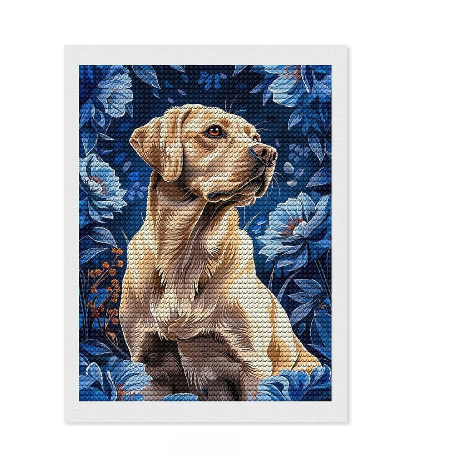 Junmoney Labrador with Blue Floral Background Diamond Art Kit 12"x16", Modern Decor, Vintage Style Decor, with Tool Kit, Easy Craft Set, Stress Relief Craft