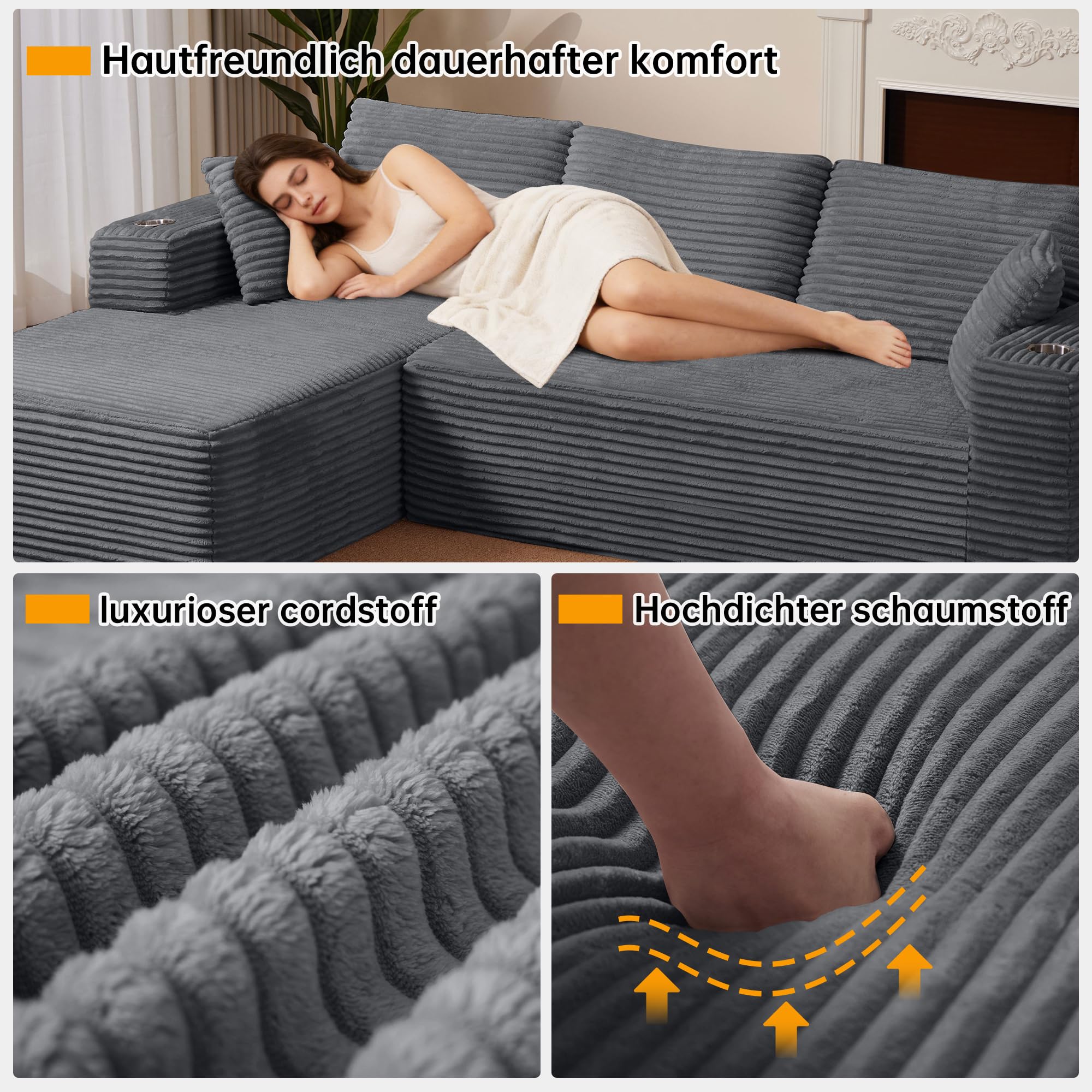 Divano Modulare a Forma di L Divano ad Angolo Divano Letto, Boneless Couch con Portabicchieri, Liberamente Componibile Divano a 3 Posti 4 Posti Sofa Soggiorno Appartamento 261x146x60cm, Grigio