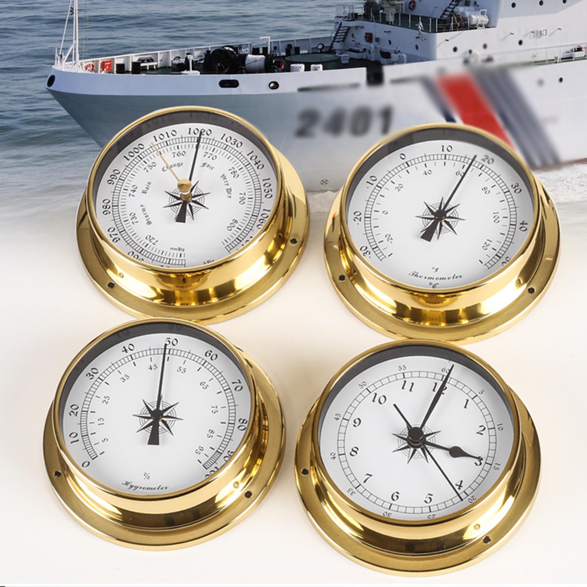 Baromètre en Laiton Marin 115mm Ensemble de 4 Pièces Hygromètre Horloge Cadre Acier Inoxydable