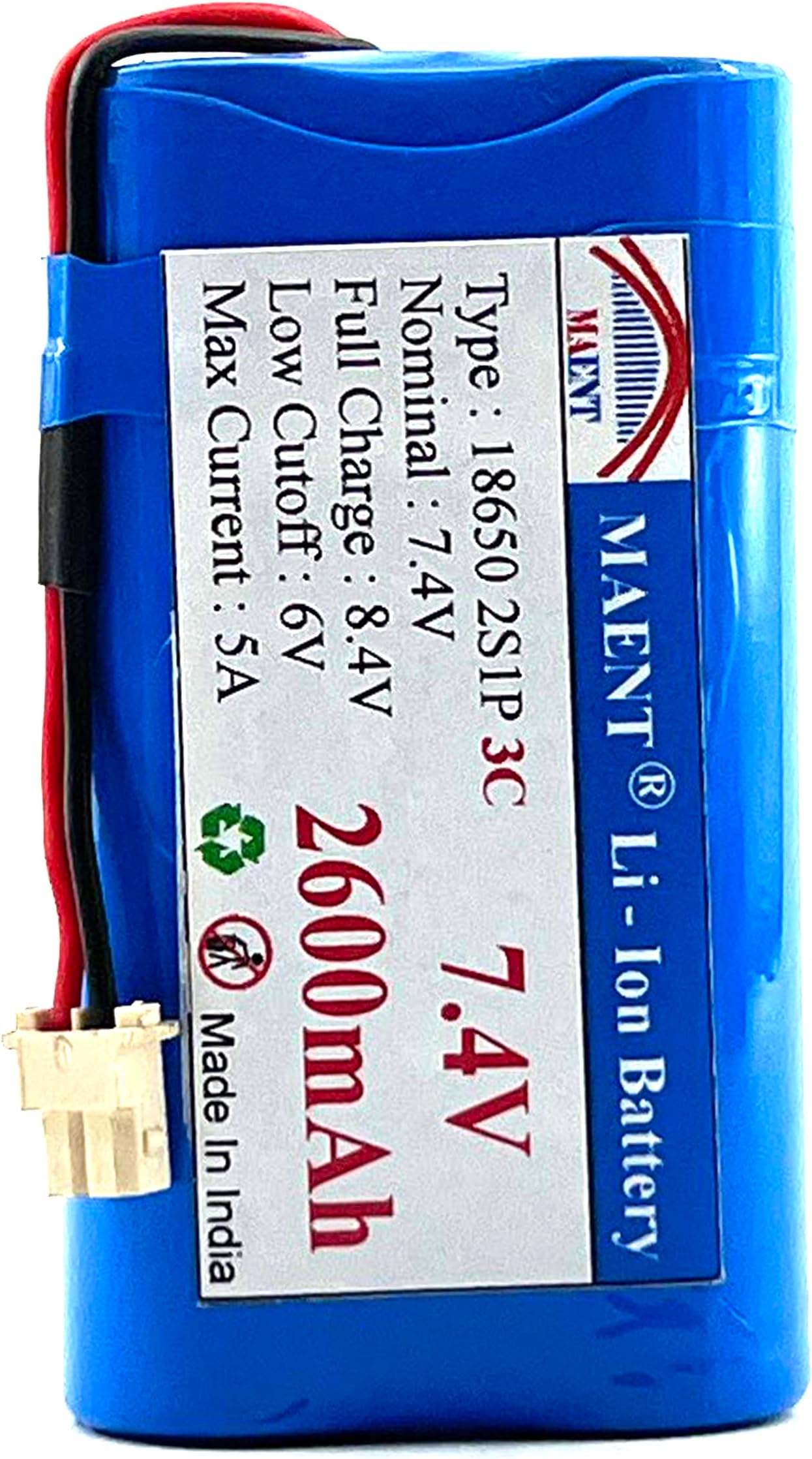 MAEnt™ 7.4V Li-ion 18650 Lithium ion Rechargeable Battery Pack 2S 8.4V Battery Pack for GPS Tablet PC Drones POS Swipe handhelp Billing Machine Project Work Industrial Equipment - 2600mah