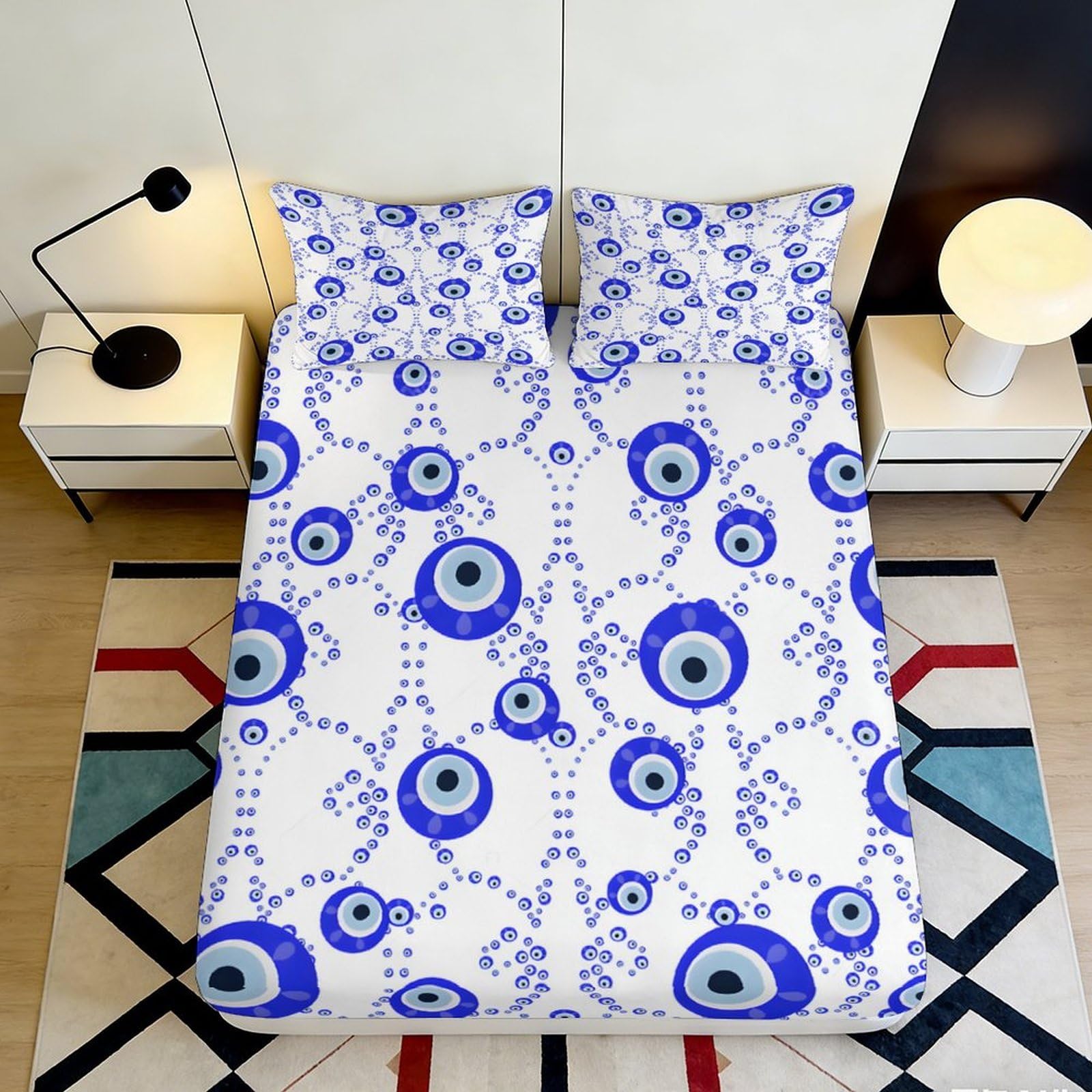 Uxinyoume Style-5 3D Printed Evil Eye Fitted Sheet Microfiber Soft Blue Lucky Pattern Mattress Cover Bedroom Dorm Decor 90X200x25cm