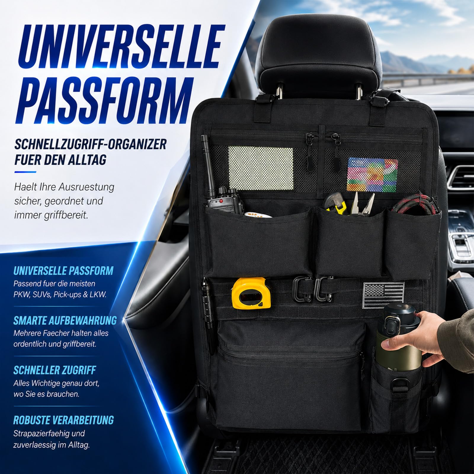 Rücksitz Organizer, Taktischer Autositz Organizer 7 Taschen Autositz Tasche mit 2 Netztaschen, 3 Taschen, 1 Reißverschlusstasche, 1 Becherhalter & MOLLE-System Sitztaschen für Autositz, 42x61cm