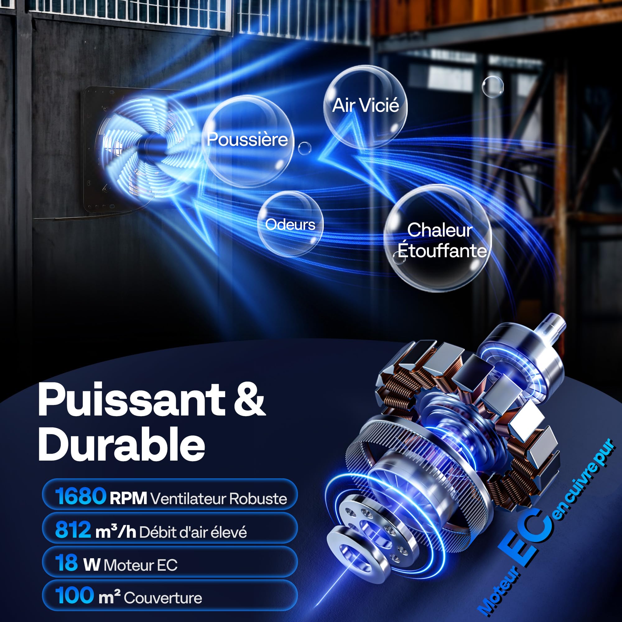 VIVOHOME 250mm Ventilateur d'Extraction à Volets Extracteur d'Air Industriel Mural avec 10 Vitesses Réglables Moteur EC pour Serre Sous-Sol Garage Combles Ateliers et Cuisine