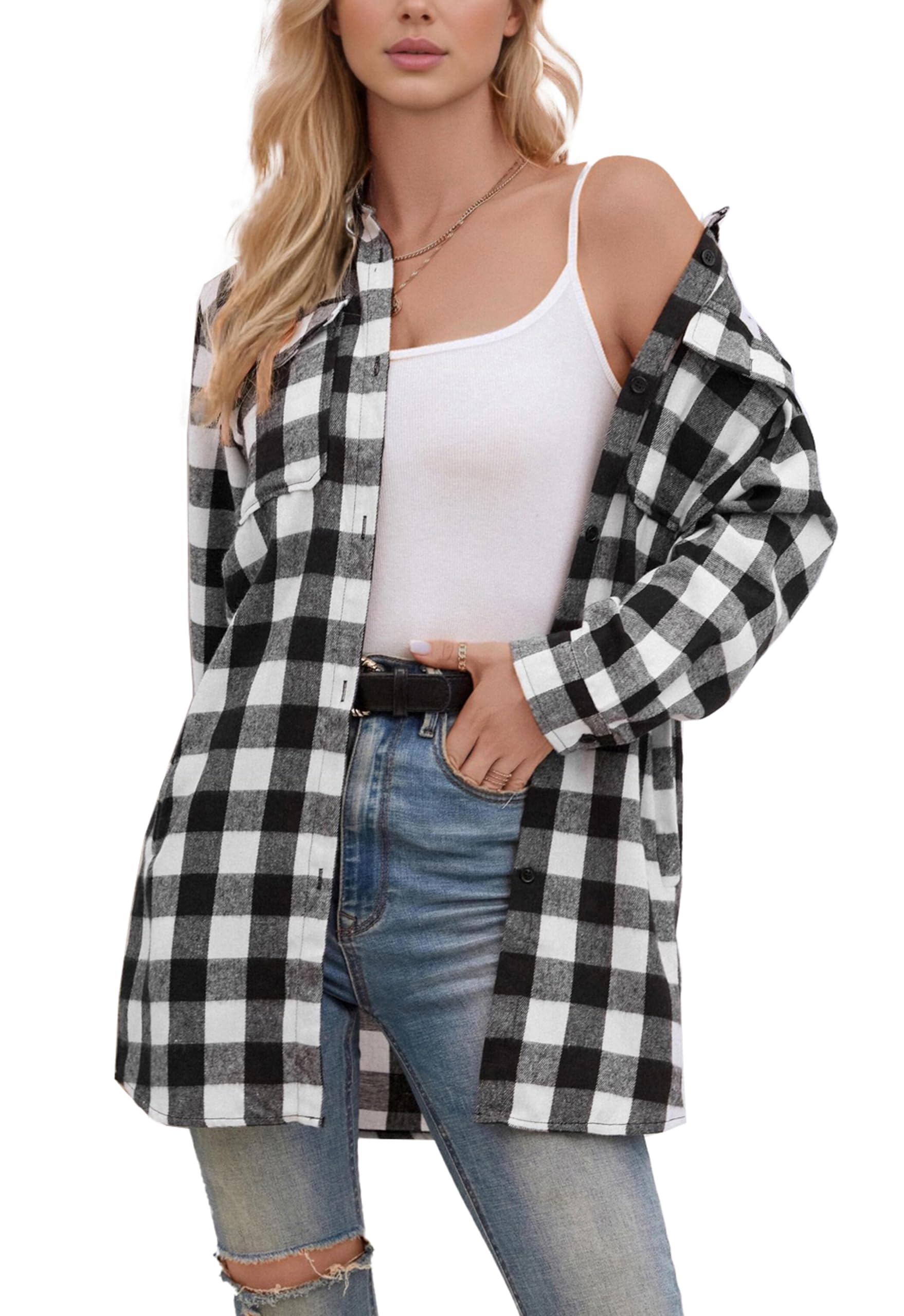 SANGTREE Women and Girls Oversized Flannel Plaid Shirt Mid-Length Casual Button Down Shirt with Pockets