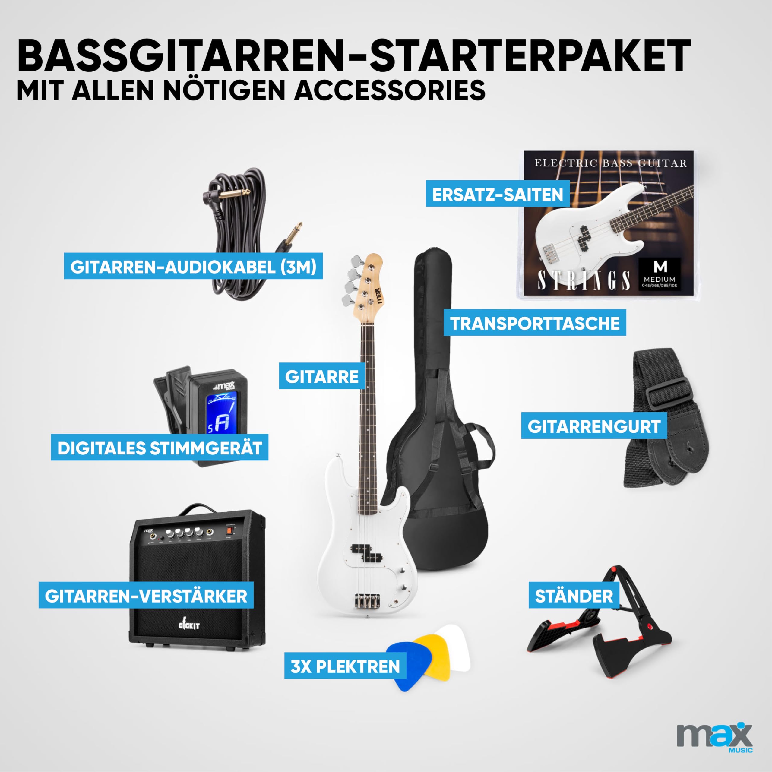MAX GigKit Bassgitarre Set, E Bass Gitarre, Bass Guitar mit Gitarrenverstärker, Tasche, Stimmgerät, Plektren, Ständer, Gurt, Kabel und Ersatzsaiten - 21 Bünde - Weiß