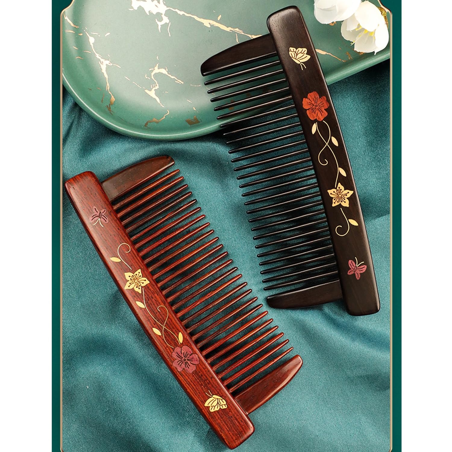 Peine para el Cabello, Peine de sándalo de Dientes Finos Hecho a Mano, peines de Madera Vintage para Cabello Rizado y Cabello Largo y Liso (sándalo Negro A)