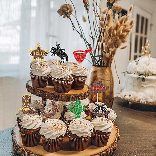 Miniatura 7 de Rsstarxi Paquete de 24 adornos para cupcakes del oeste, decoraciones para cupcakes de vaquero, sombreros de vaquero con purpurina, botas, decoración