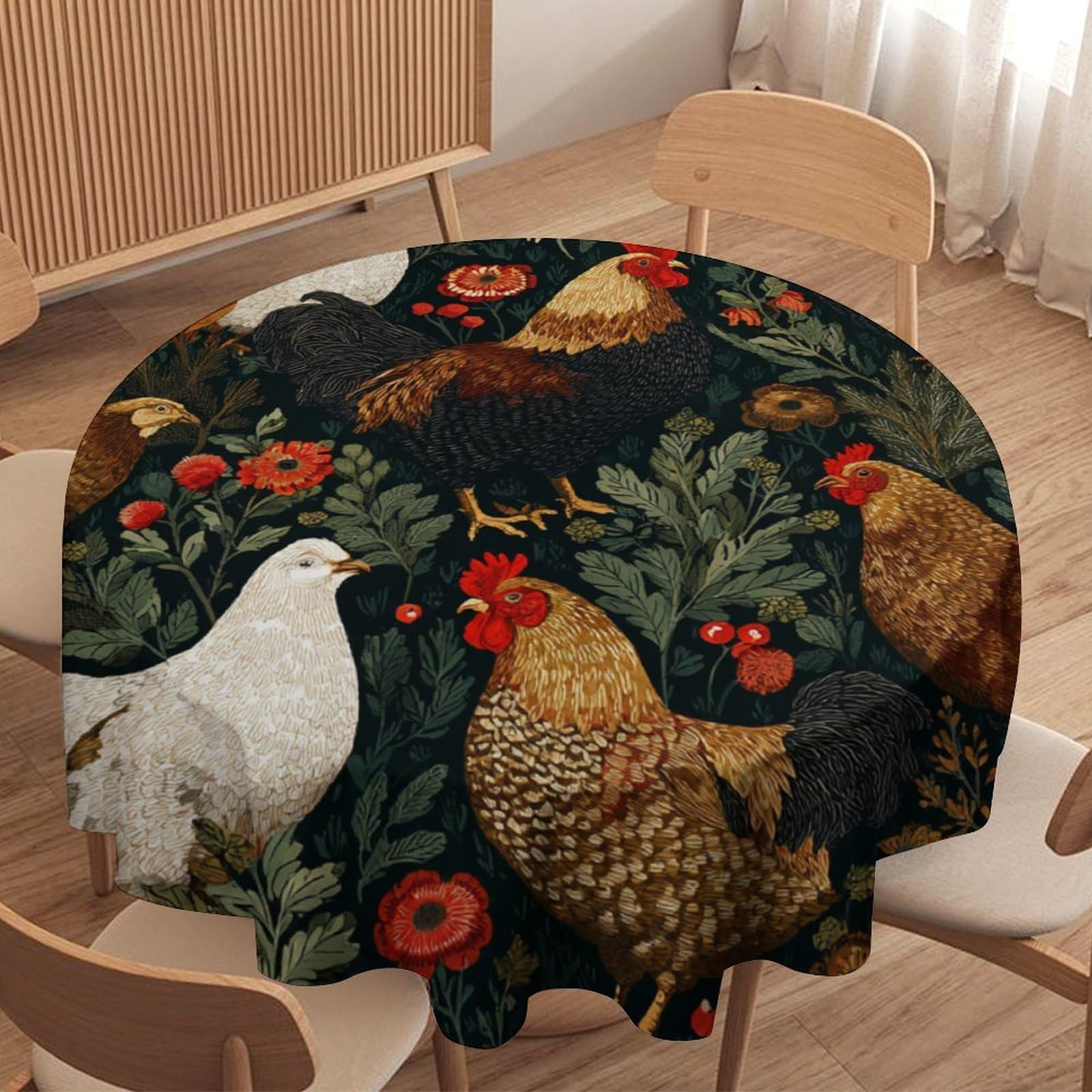 LUYYSKY Vintage Oil Painting Chickens Waterproof Round Tablecloth Mid Century Watercolor Animals Roosters Plants Flowers Berries Pattern Washable Table Cover for Kitchen-70 Wx70 L