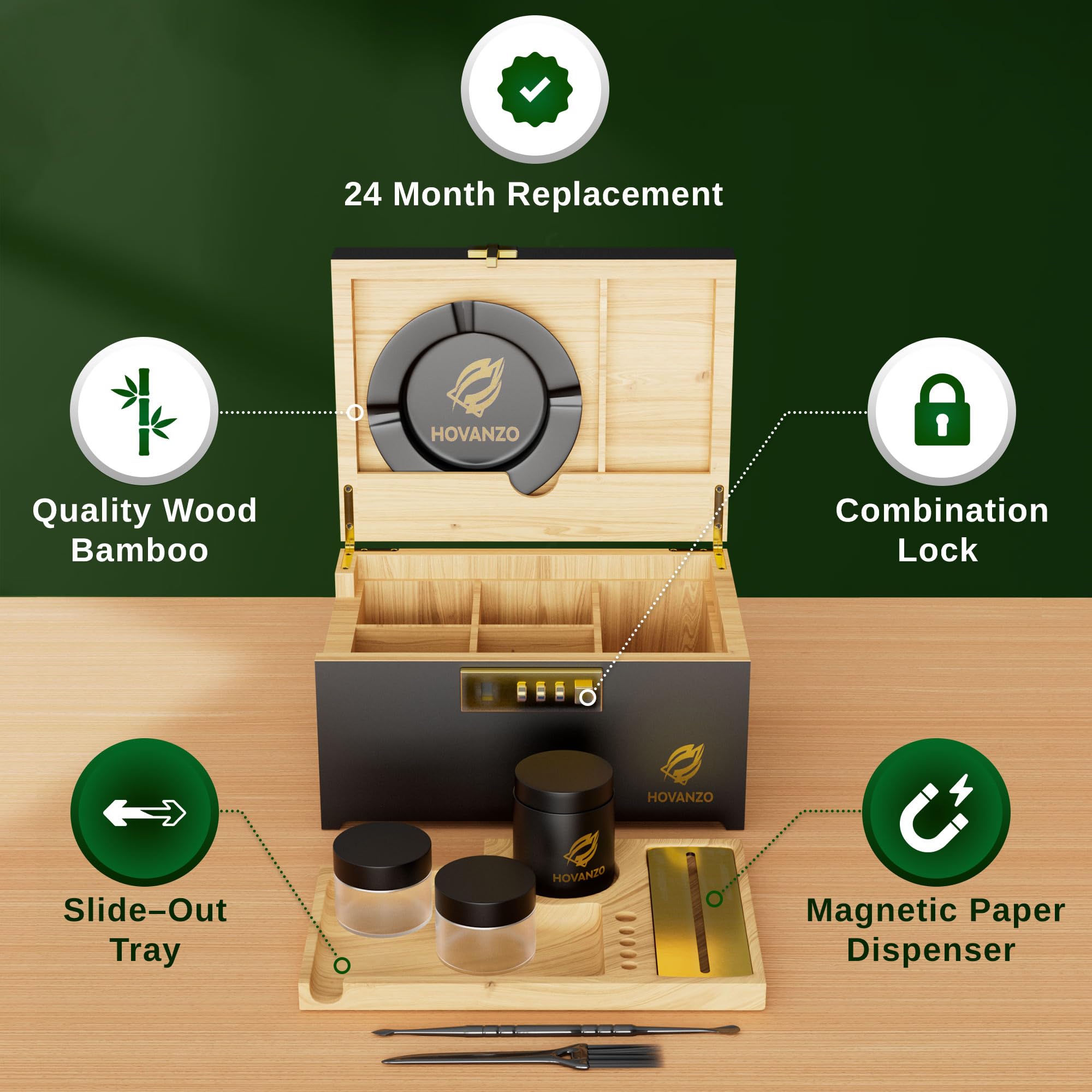 HOVANZO Premium Large Bamboo Box - Locking Storage Decorative Box