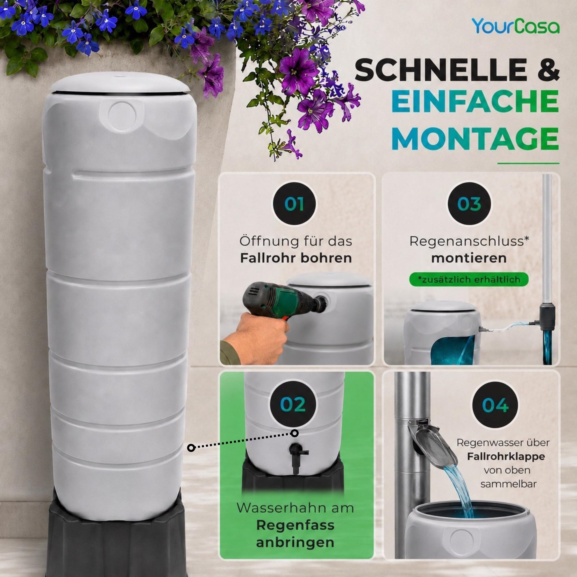 YourCasa Regentonne [CircleTower] 110L mit Standfuss, Deckel & Wasserhahn - Regenfass Frostsicher aus Kunststoff - Regenwassertonne - Regenwassertank Garten Wassertank Regensammler (Grau)